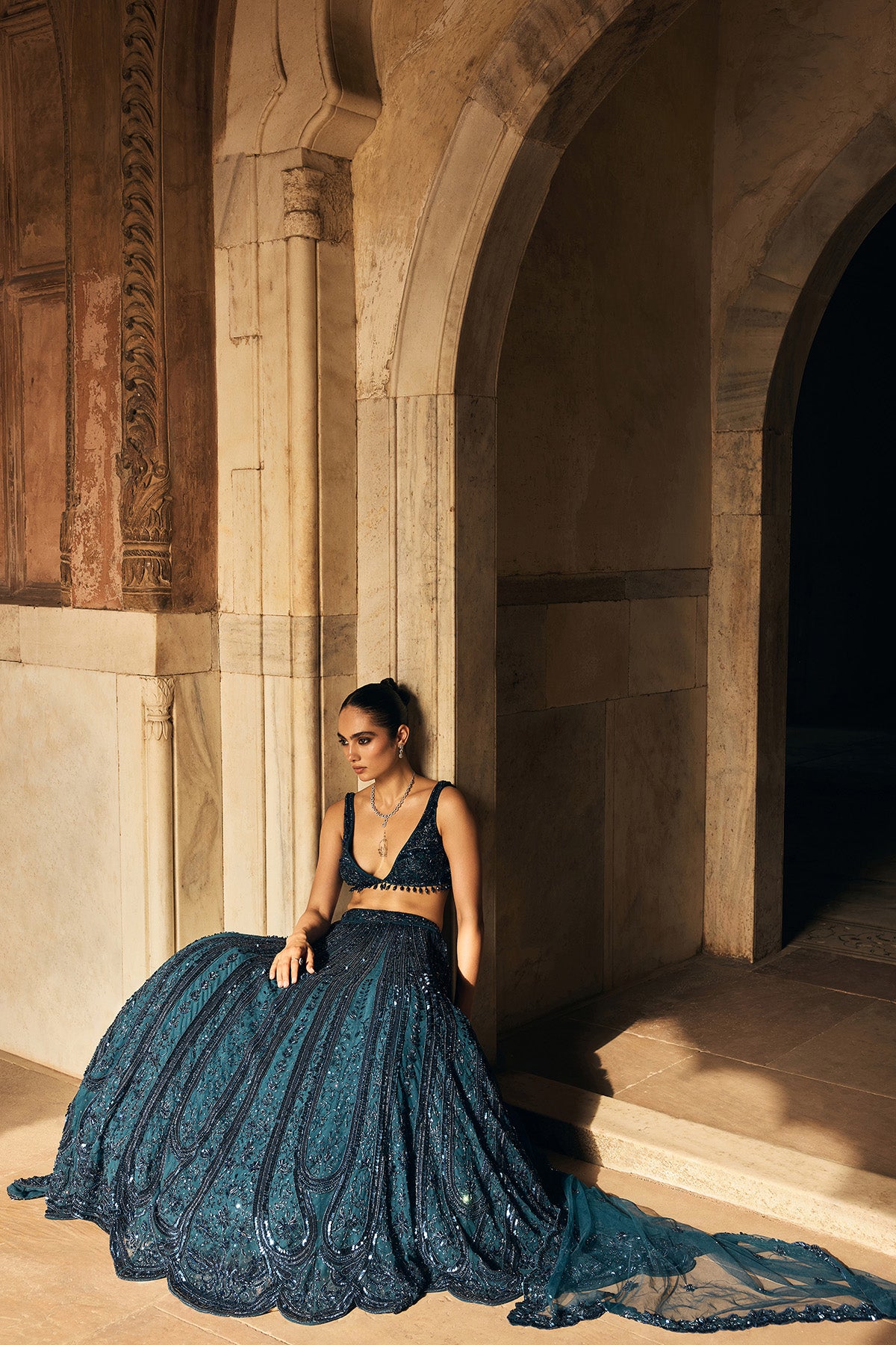 TEAL BLUE EMBELLISHED LEHENGA SET