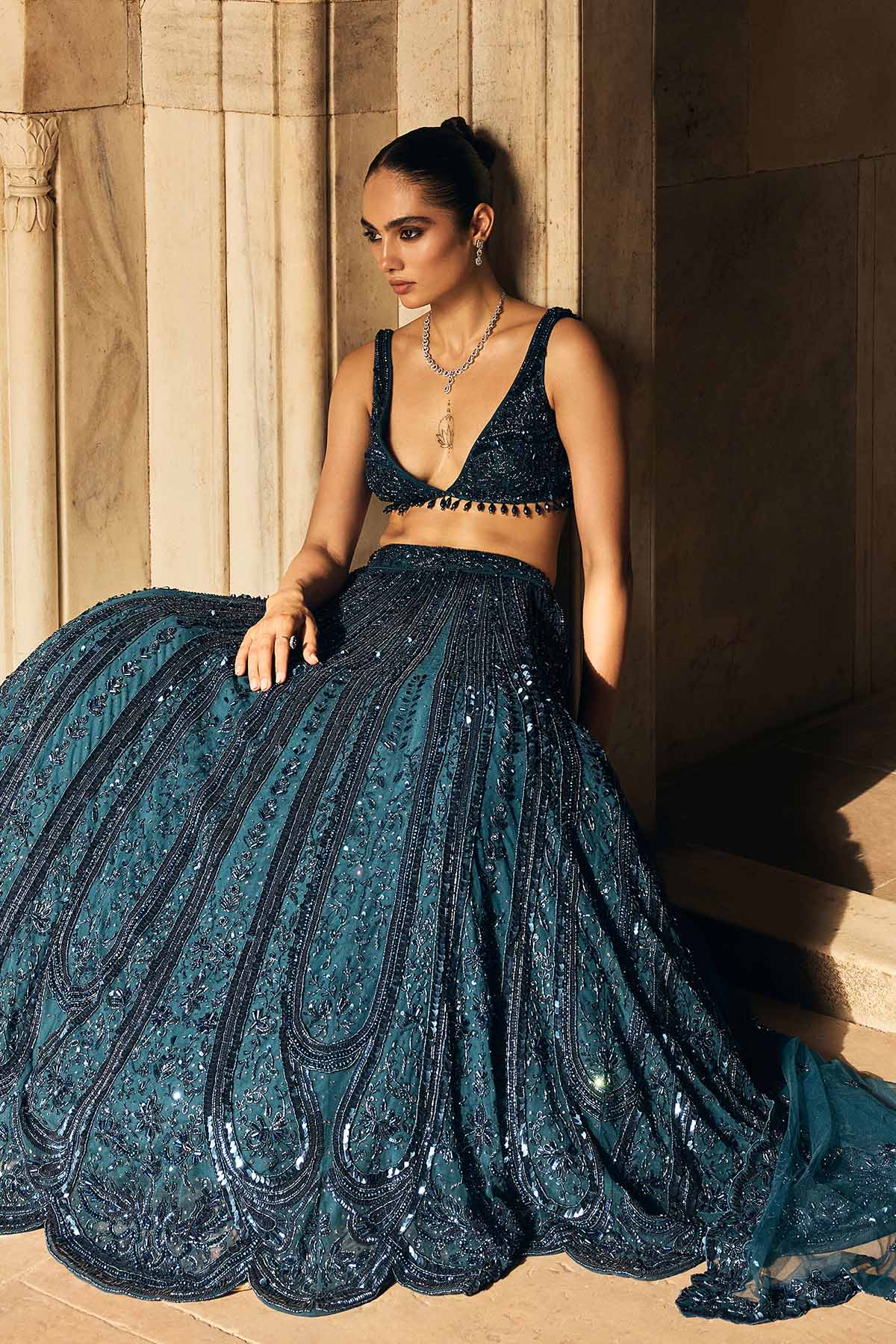 TEAL BLUE EMBELLISHED LEHENGA SET