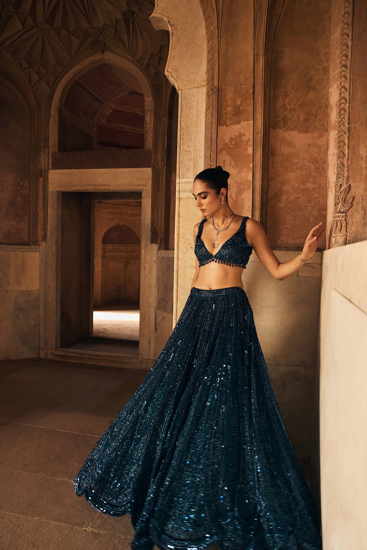 TEAL BLUE EMBELLISHED LEHENGA SET
