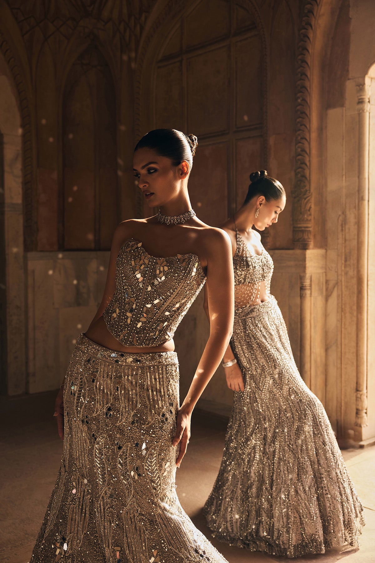 SILVER MIRROR EMBELLISHED TRAIL MERMAID SKIRT SET