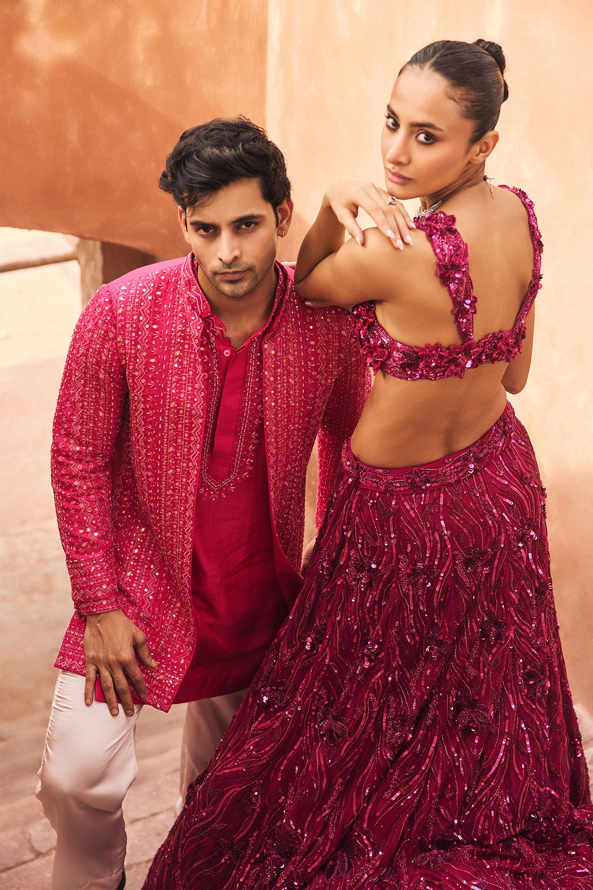 FUSCHIA PINK 3-D EMBELLISHED LEHENGA SET