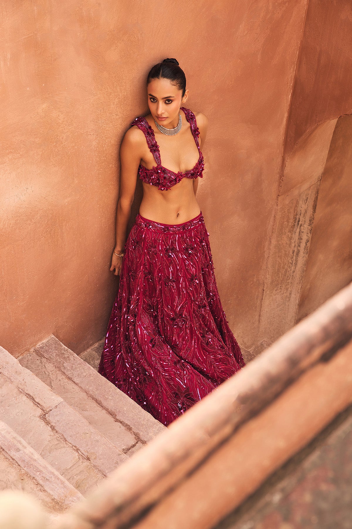FUSCHIA PINK 3-D EMBELLISHED LEHENGA SET