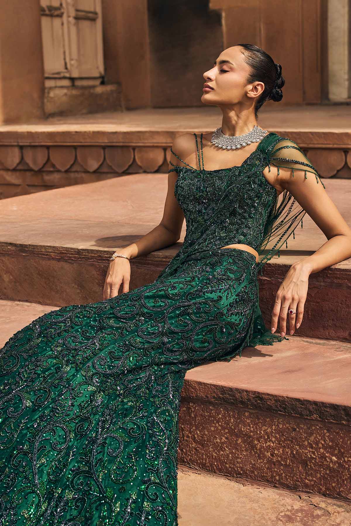 BOTTLE GREEN EMBELLISHED CORSET SAREE SET