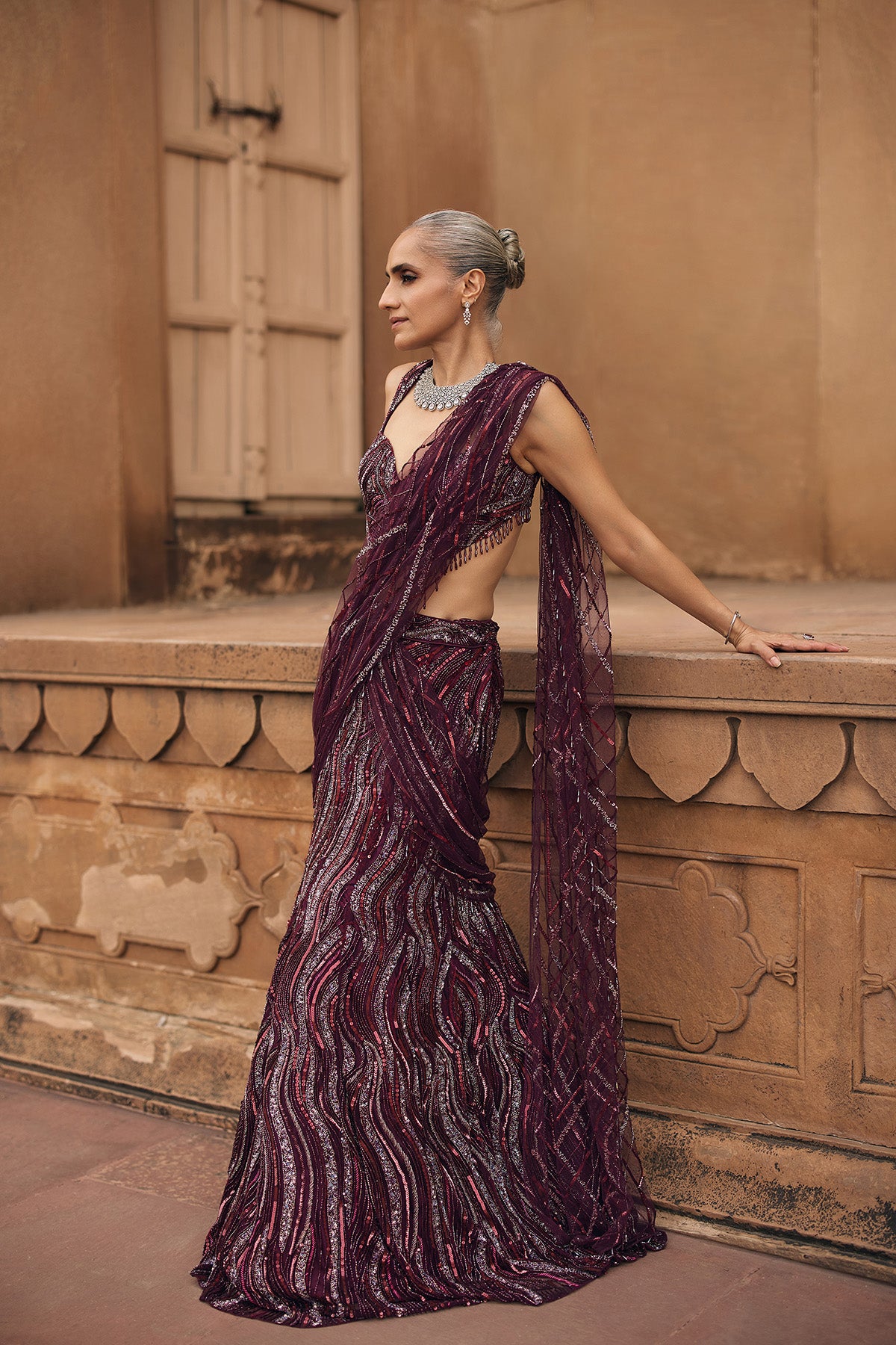 PLUM WAVE EMBELLISHED SAREE SET