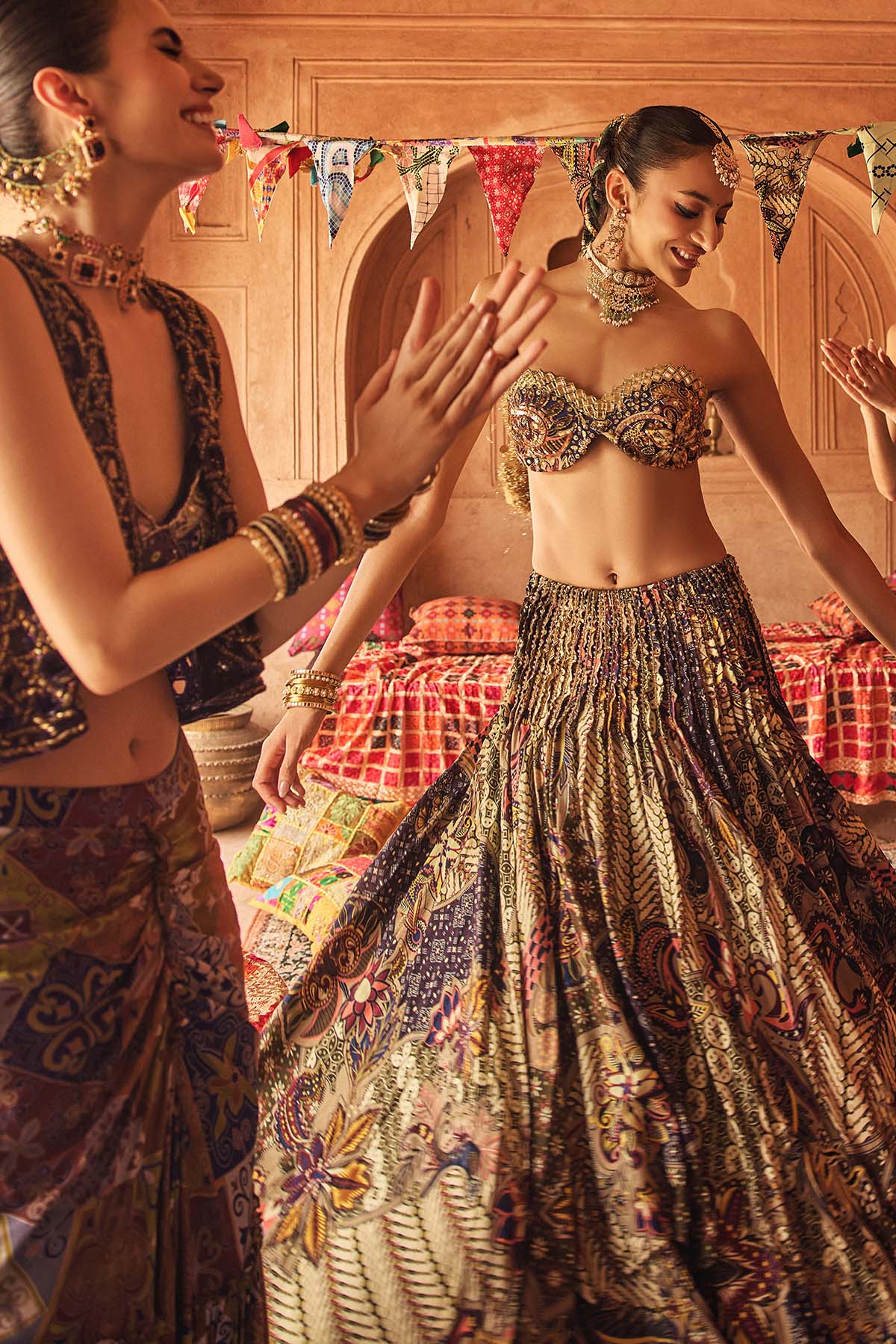 OLIVE PRINT BLOUSE WITH HIGHLIGHTED LEHENGA & EMBROIDERED DUPATTA SET