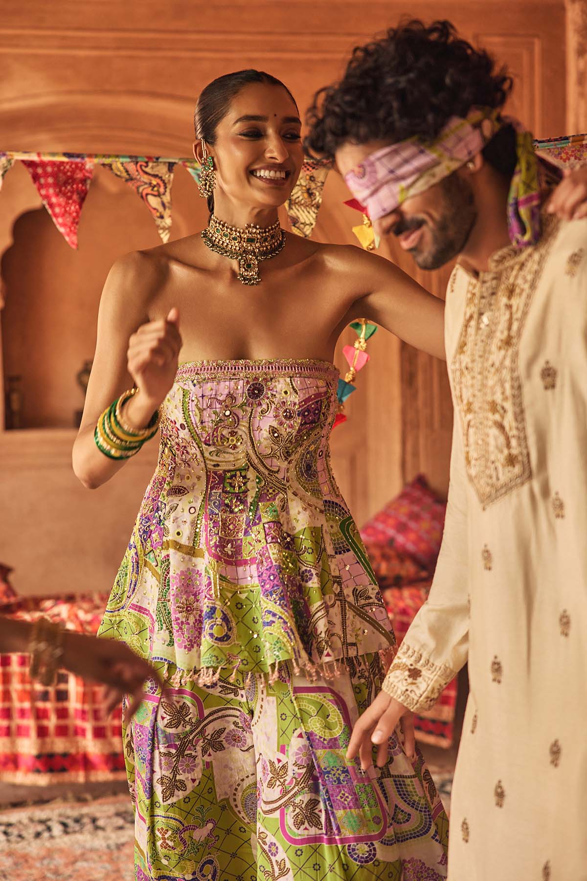 BUBBLEGUM MOSAIC PEPLUM KURTI WITH BOX-PLEAT PANTS & DRAPED DUPATTA SET