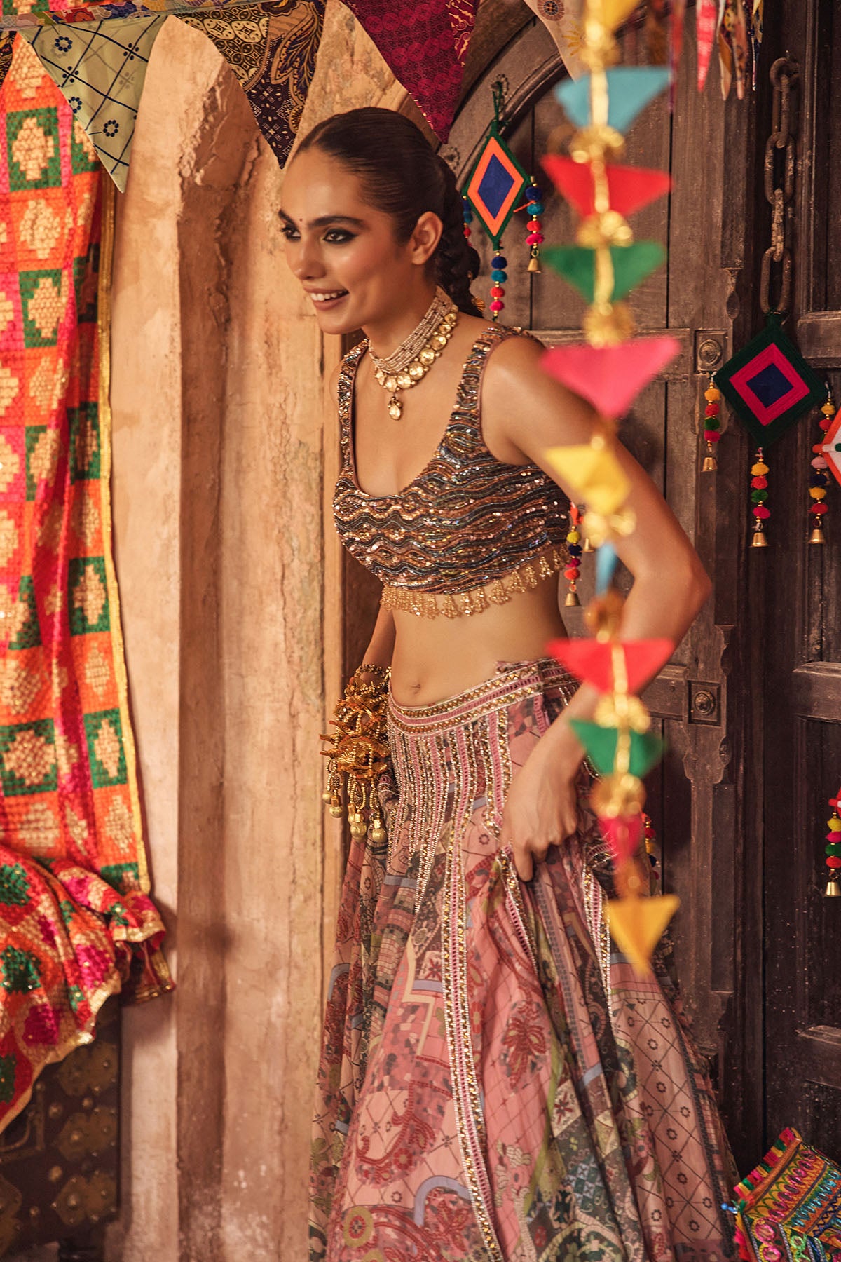 DUSK PINK EMBROIDERED BLOUSE WITH LACE LEHENGA & TASSEL DUPATTA SET