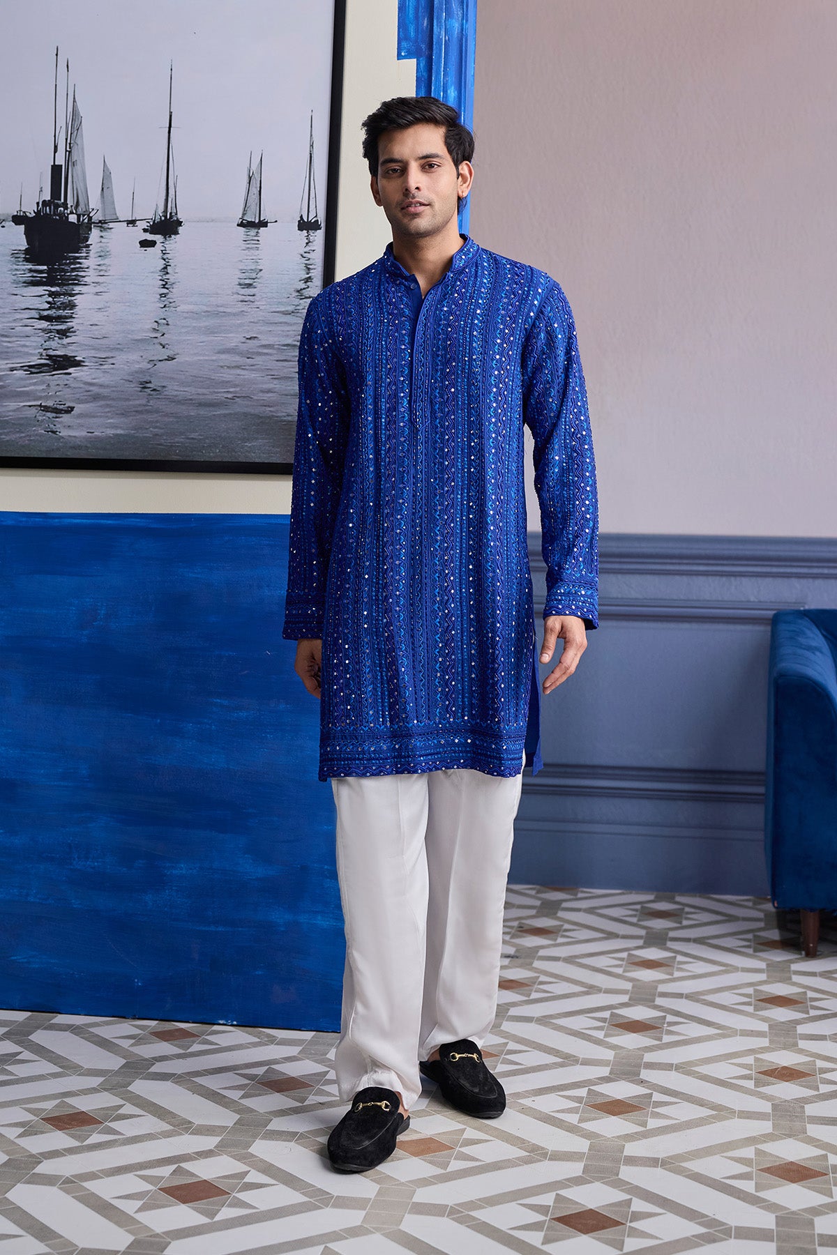 ELECTRIC BLUE MIRROR EMBROIDERY & THREAD WORK  KURTA WITH PANTS