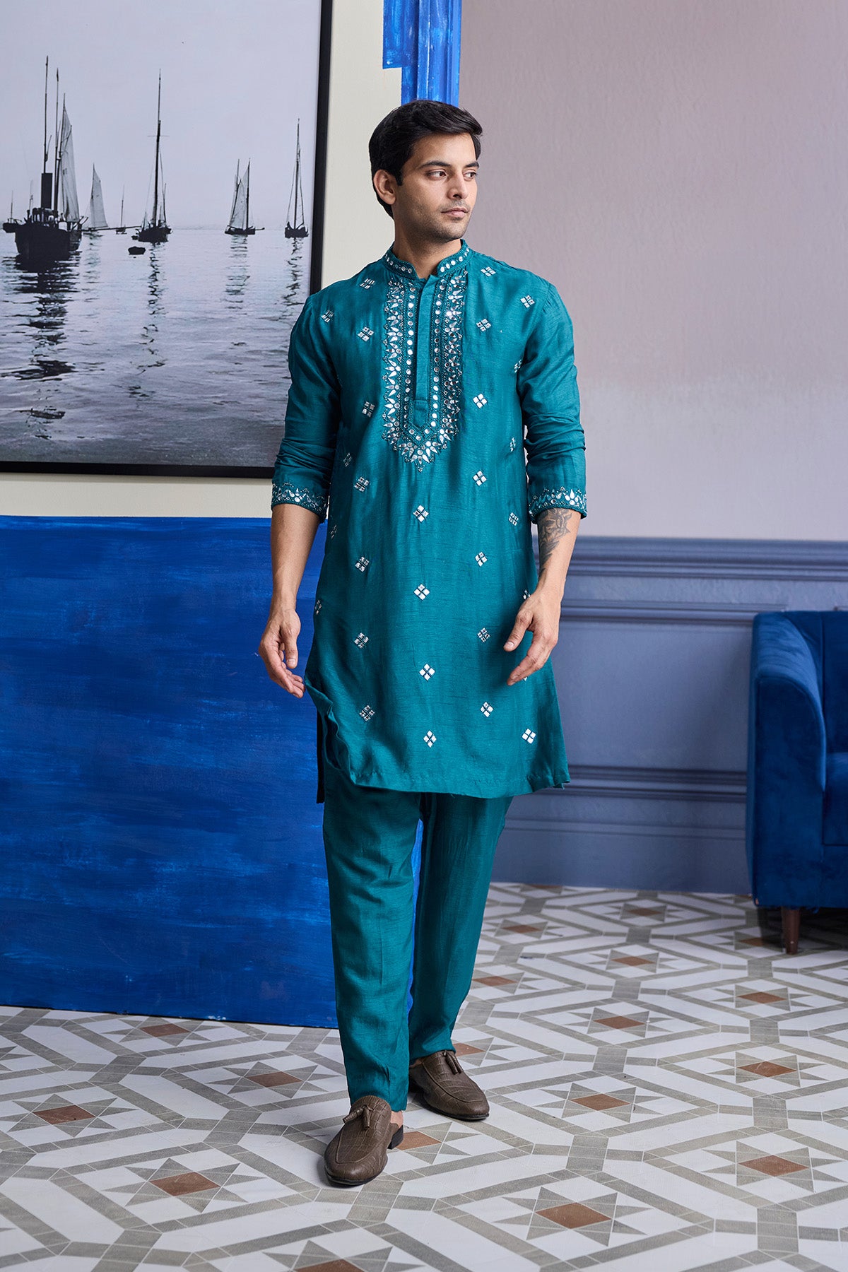 TEAL GREEN EMBROIDERED KURTA  WITH SOLID PANTS