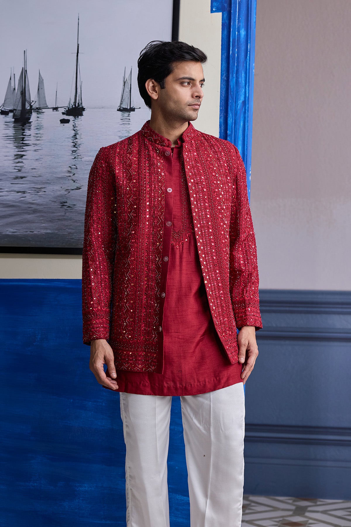 MAROON MIRROR EMBROIDERED & THREAD WORK BANDHGLA JACKET WITH KURTA & PANTS