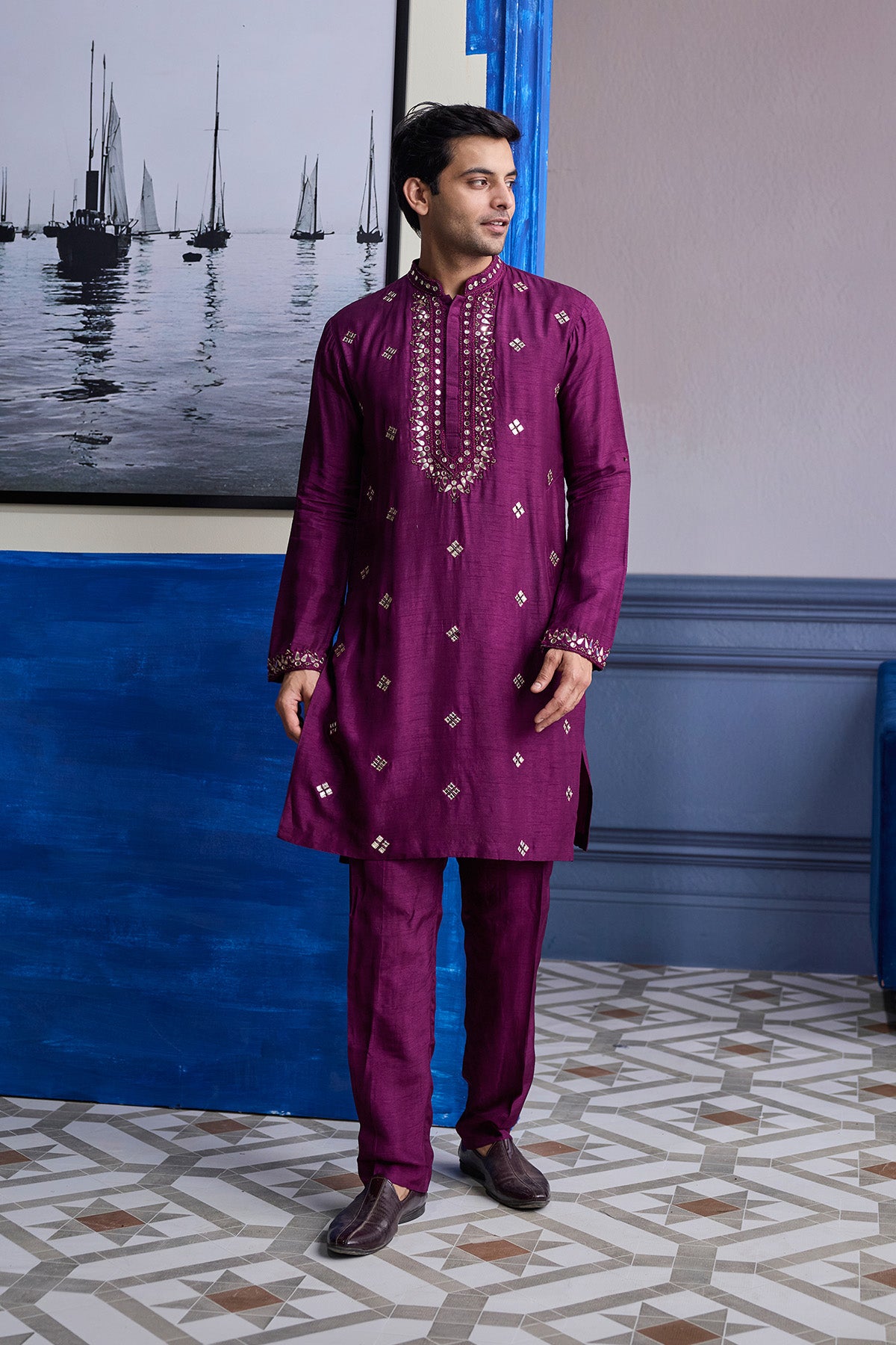 PLUM EMBROIDERED KURTA WITH SOLID PANTS