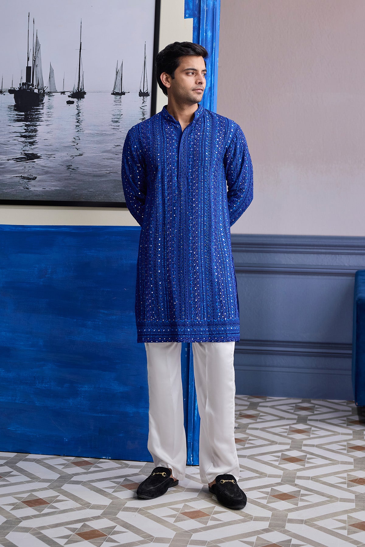 ELECTRIC BLUE MIRROR EMBROIDERY & THREAD WORK  KURTA WITH PANTS