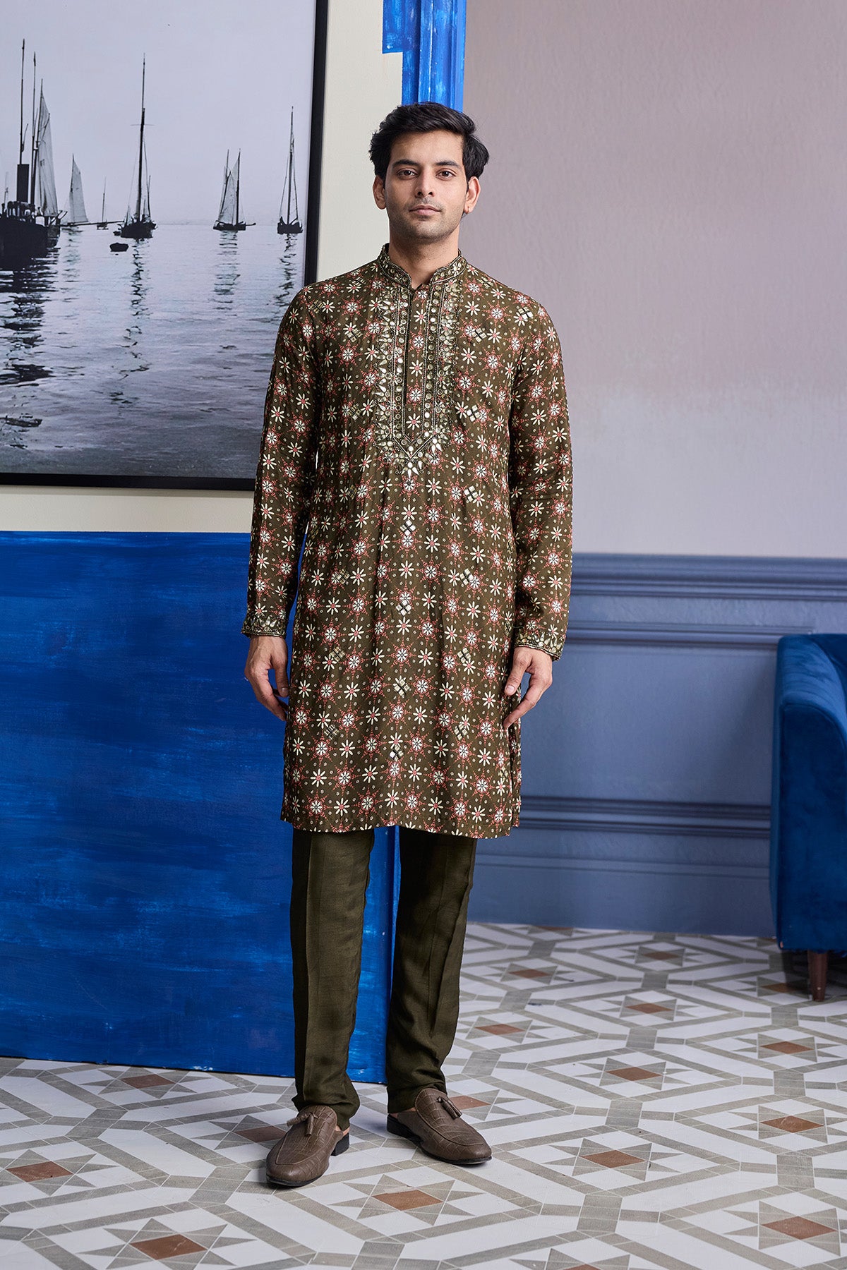OLIVE BUTTA HIGHLIGHTED KURTA WITH SOLID PANTS