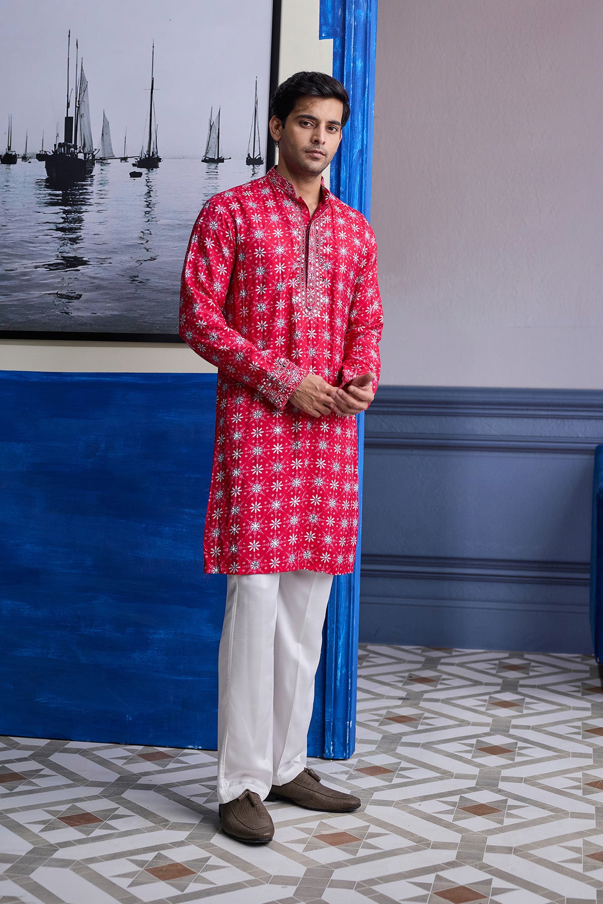 RED  BUTTA PRINT HIGHLIGHTED KURTA WITH  IVORY PANTS
