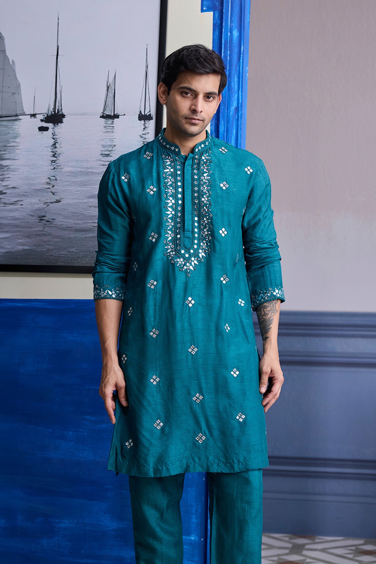 TEAL GREEN EMBROIDERED KURTA  WITH SOLID PANTS