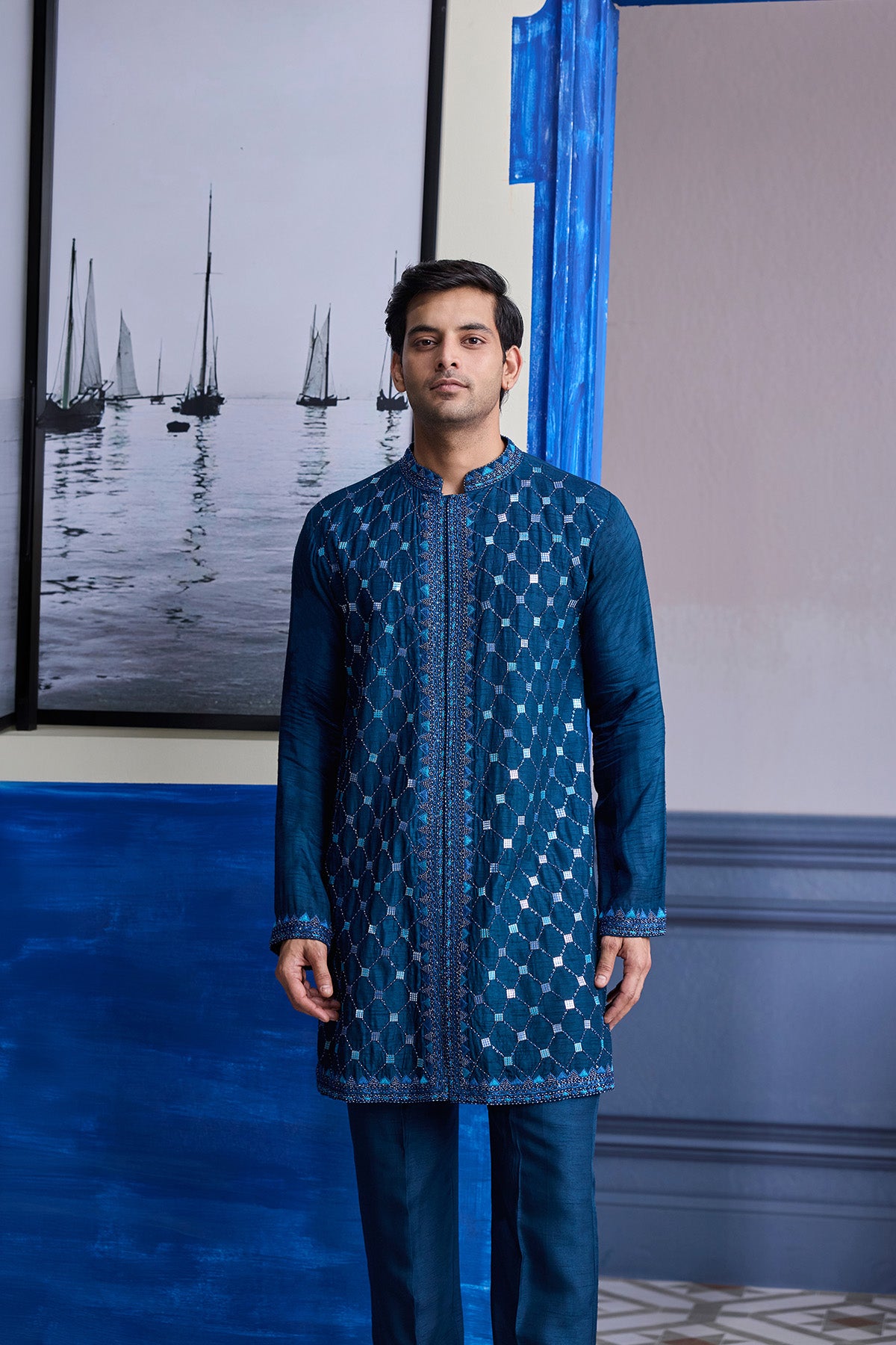 TEAL BLUE MIRROR EMBROIDERED KURTA PAIRED WITH PANTS