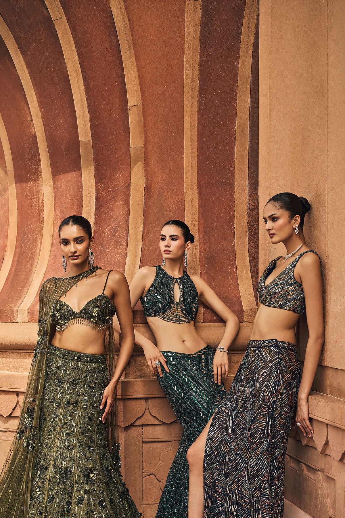 EARTHY GREEN EMBELLISHED CAPE MERMAID SET