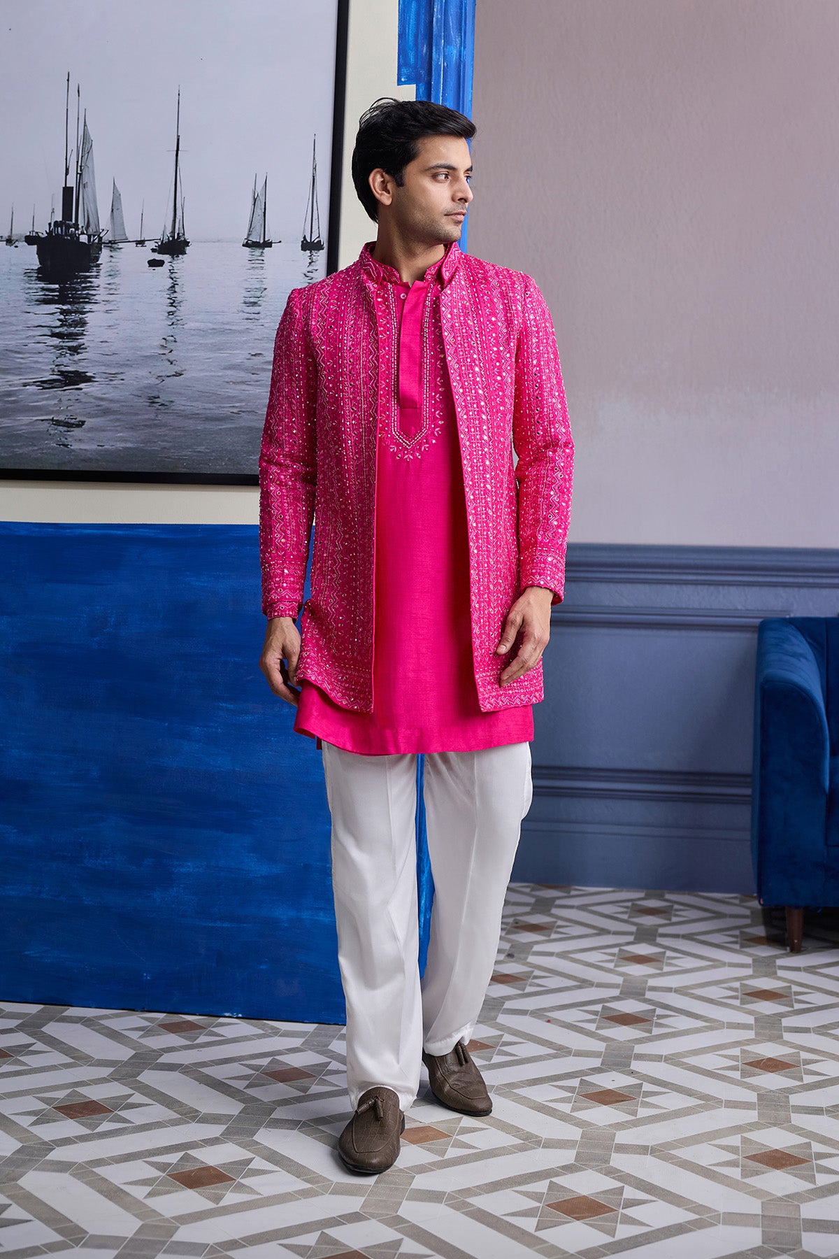 FUSCHIA PINK MIRROR EMBROIDERED & THREAD WORK BANDHGLA JACKET WITH KURTA & PANTS