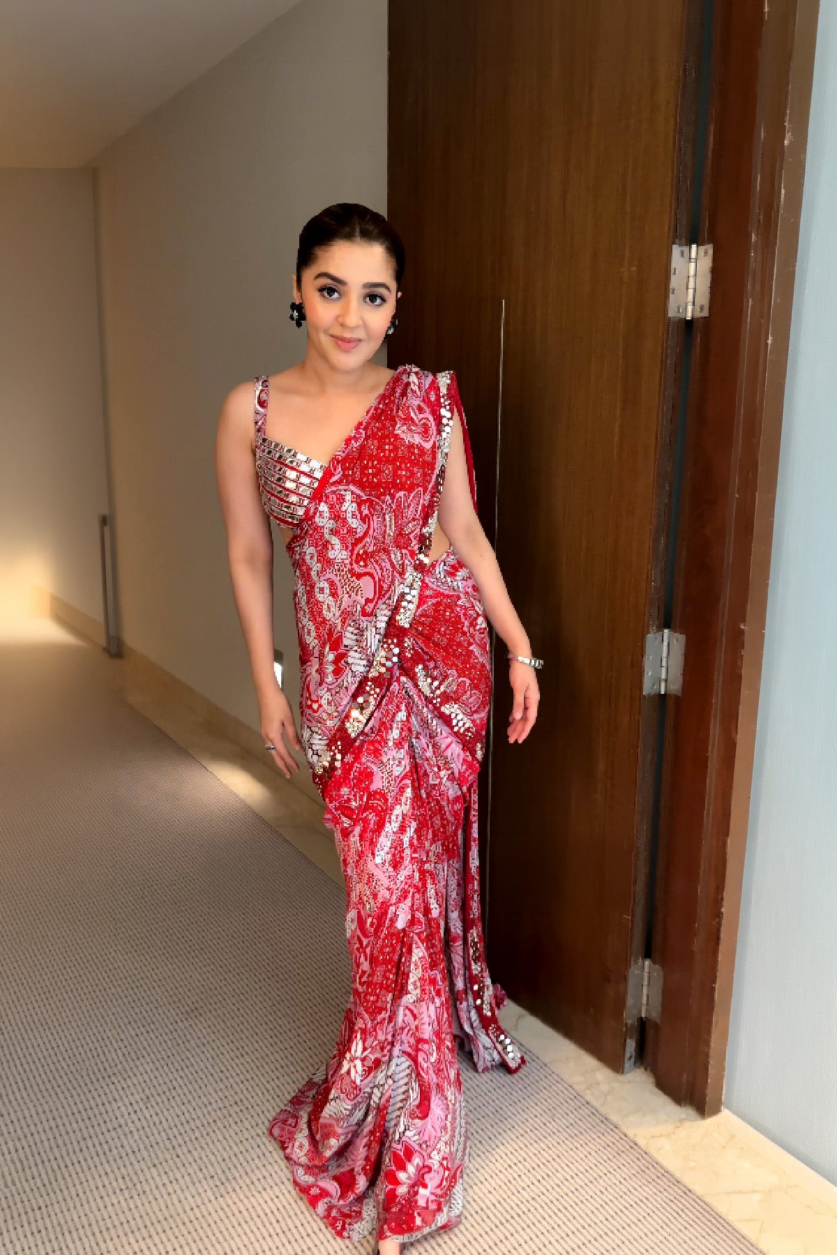 ISHA MULTANI IN RED MIRROR WORK BLOUSE WITH PRINTED DHOTI SAREE SET