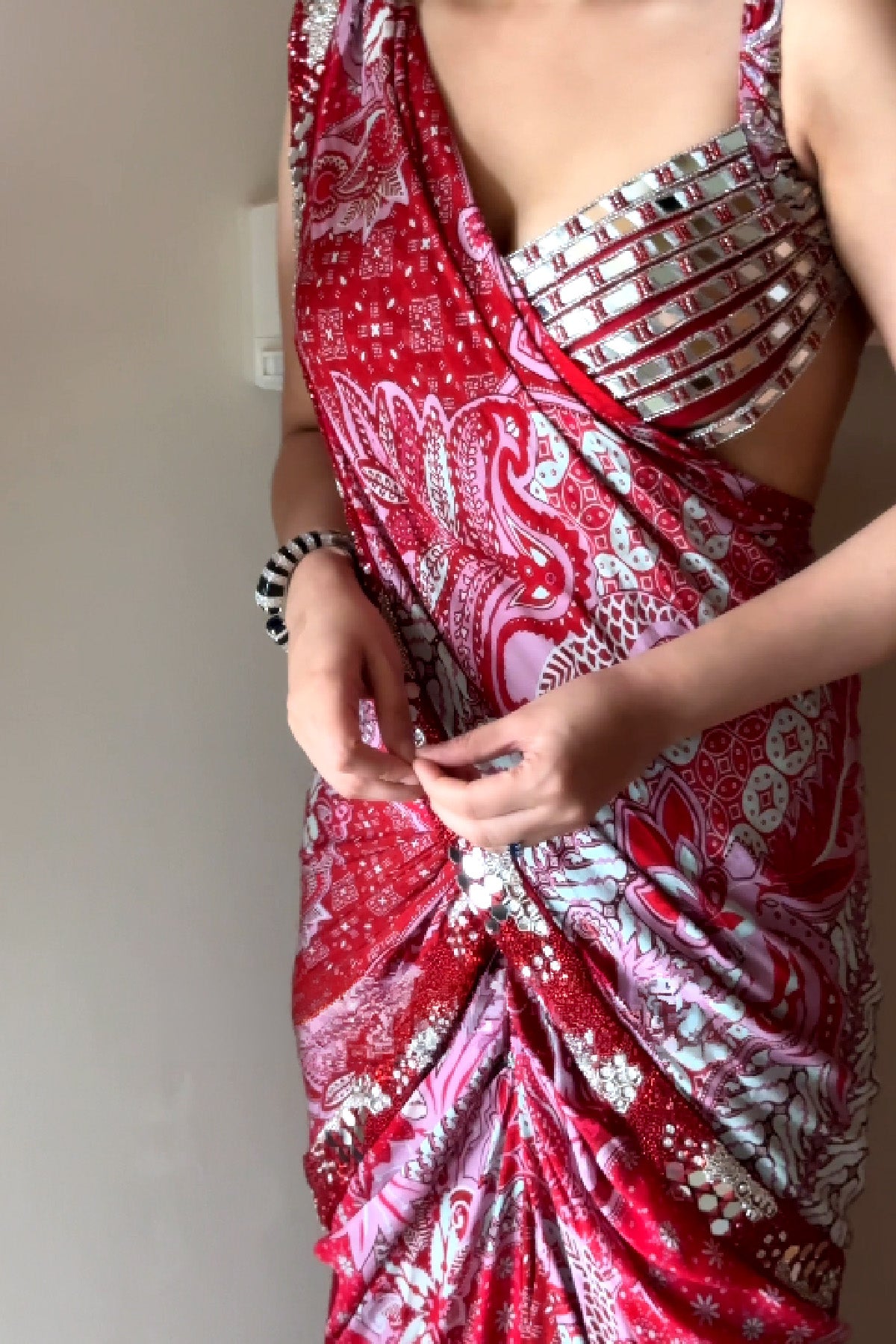 ISHA MULTANI IN RED MIRROR WORK BLOUSE WITH PRINTED DHOTI SAREE SET