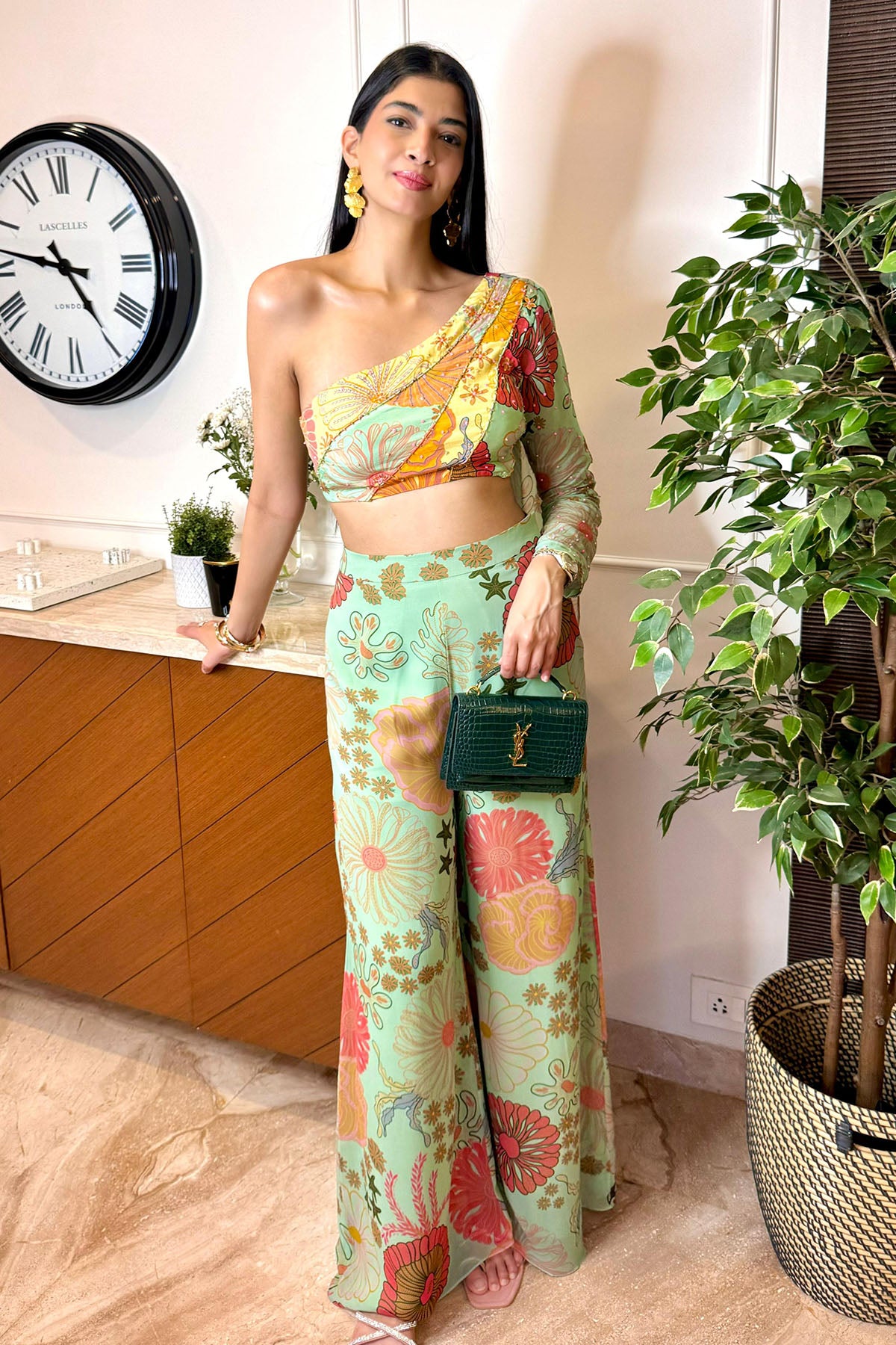 HANA KHAN IN MINT GREEN AND YELLOW PANEL TOP WITH FLARED PANTS SET