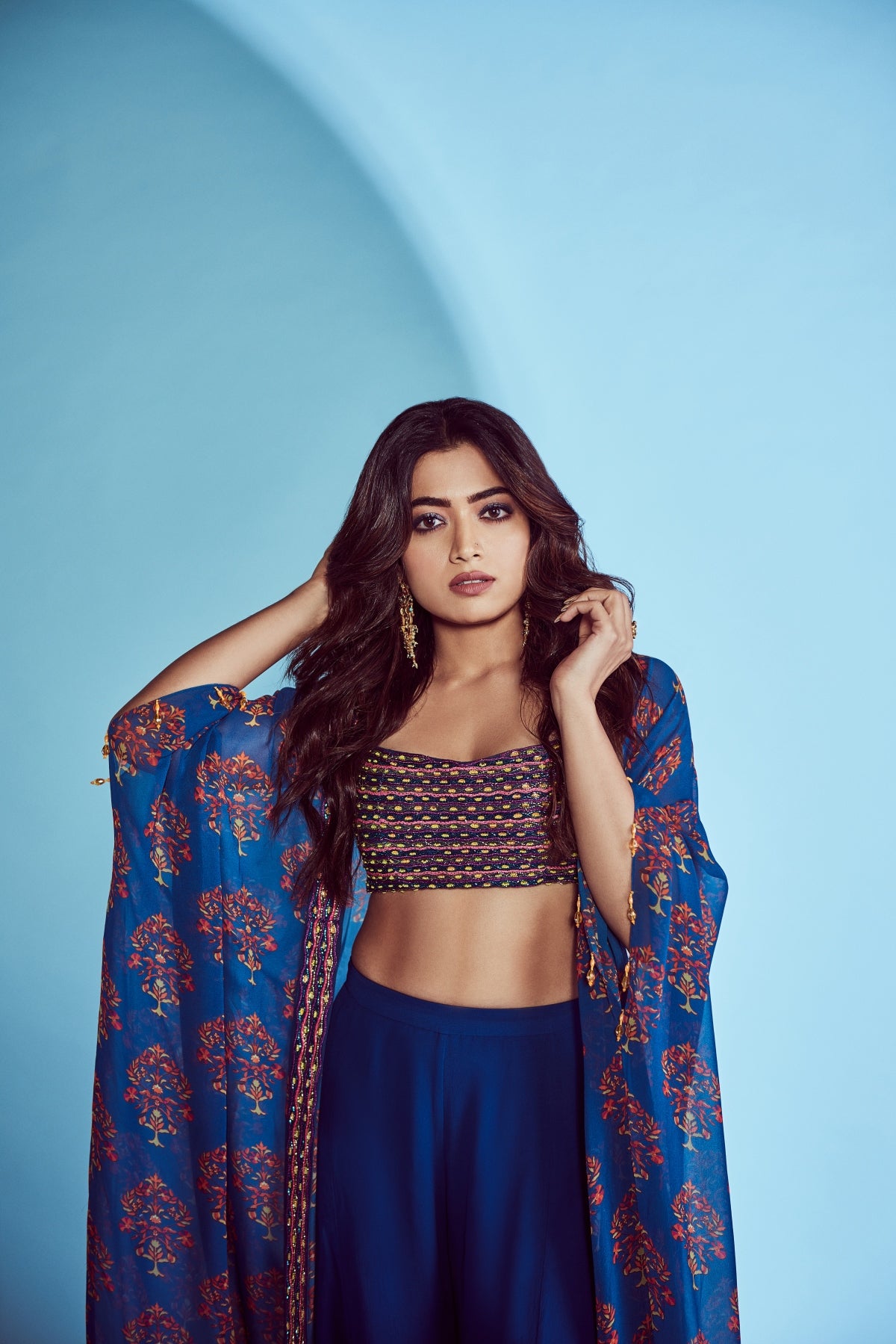 Rashmika Mandanna In Blue Cord & Cutdana Embroidered Bustier Cape Set
