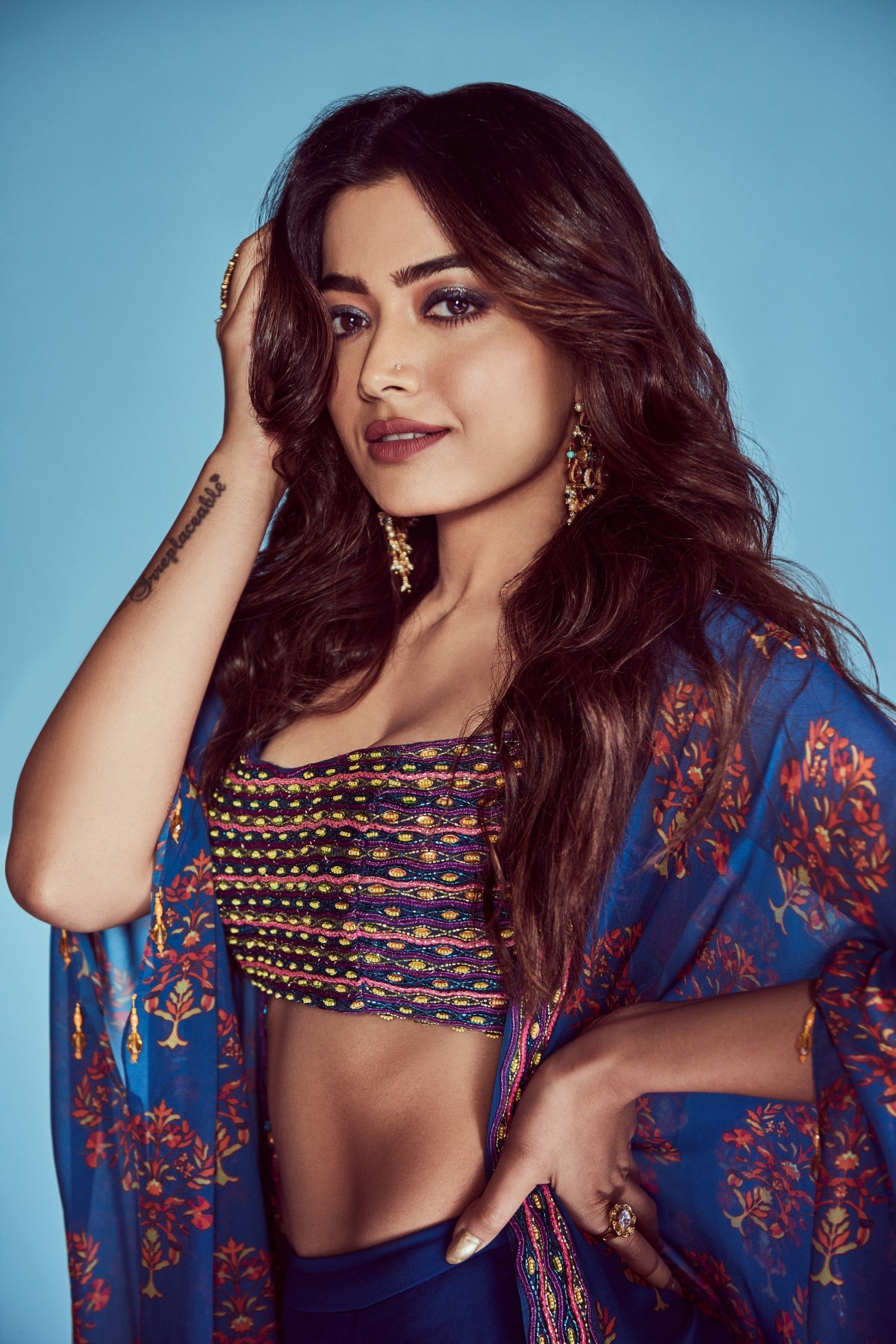 Rashmika Mandanna In Blue Cord & Cutdana Embroidered Bustier Cape Set