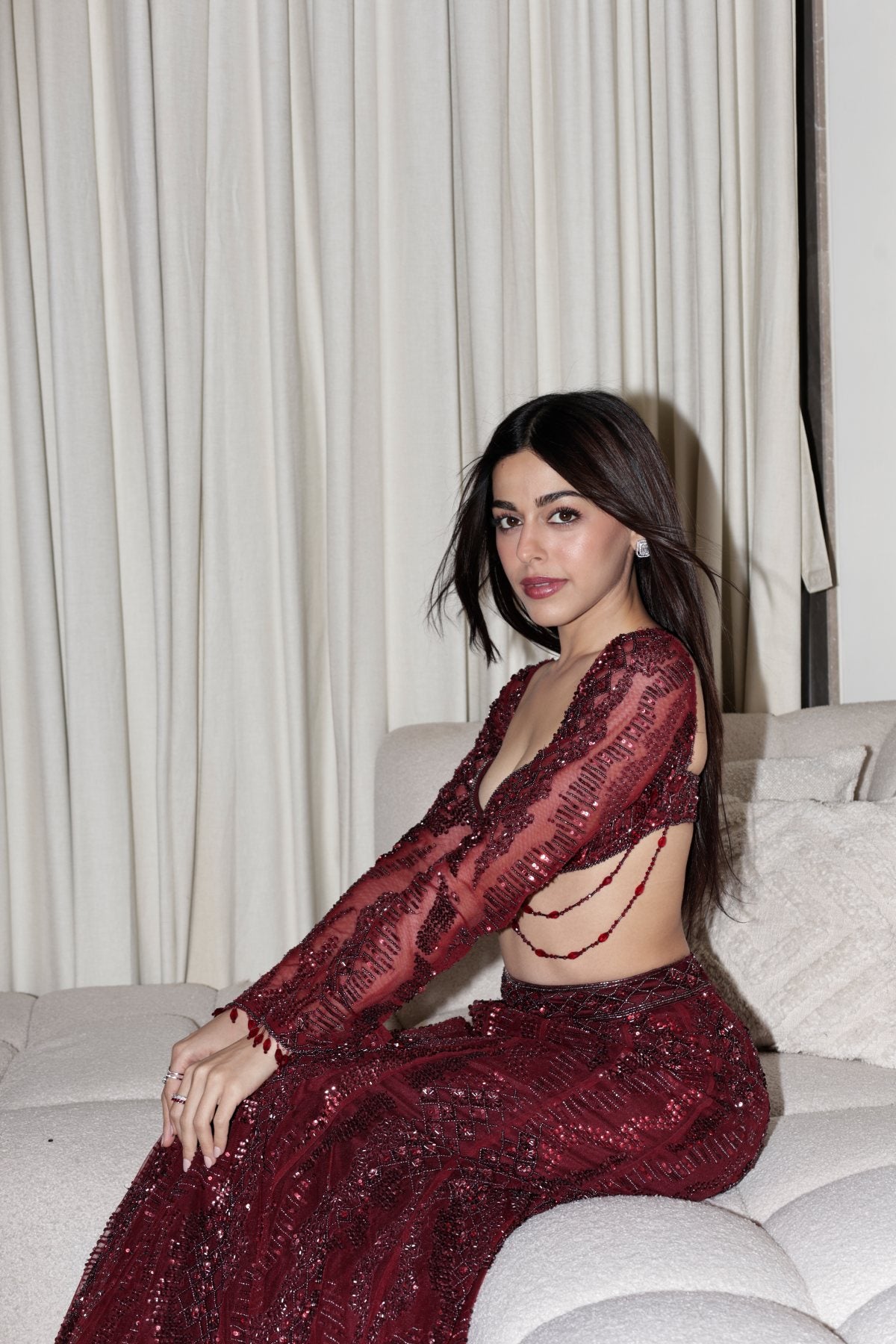 Alaya F in Maroon Embellished Mermaid Lehenag Set