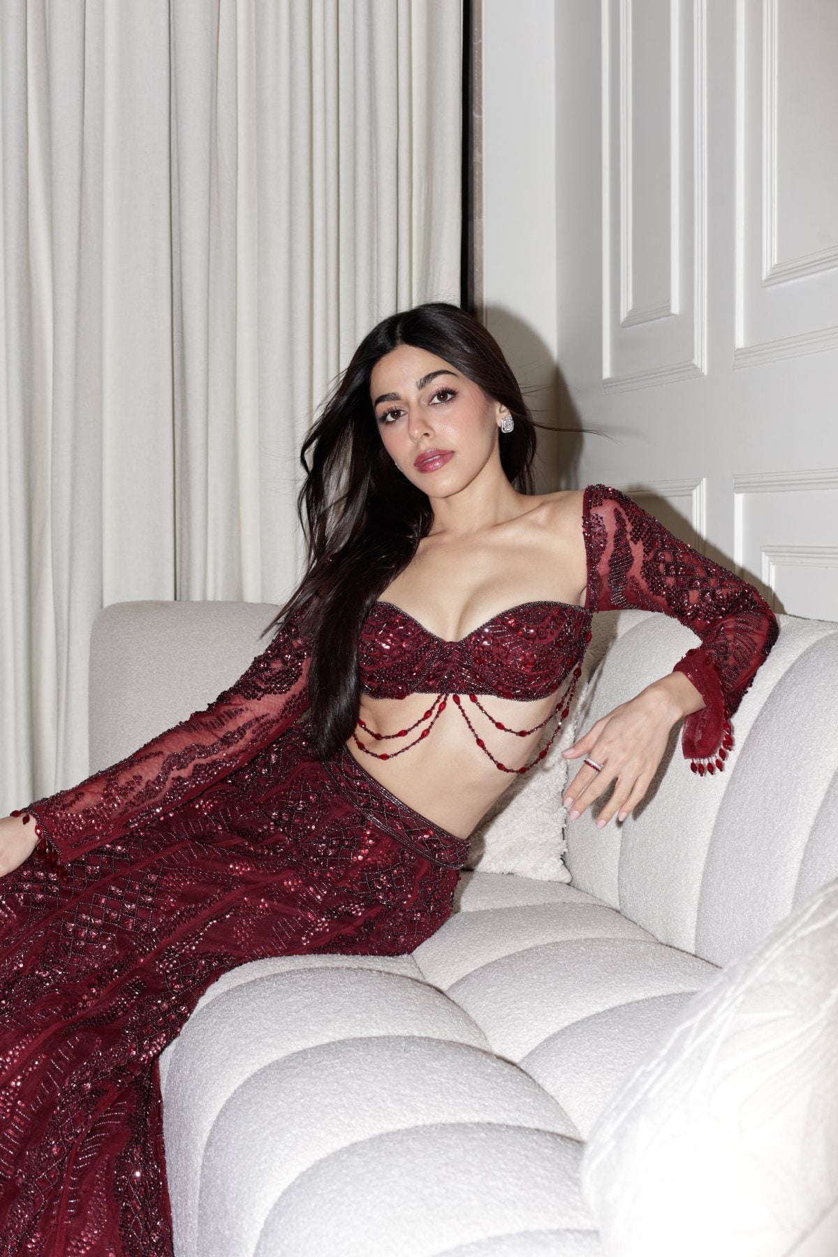 Alaya F in Maroon Embellished Mermaid Lehenag Set