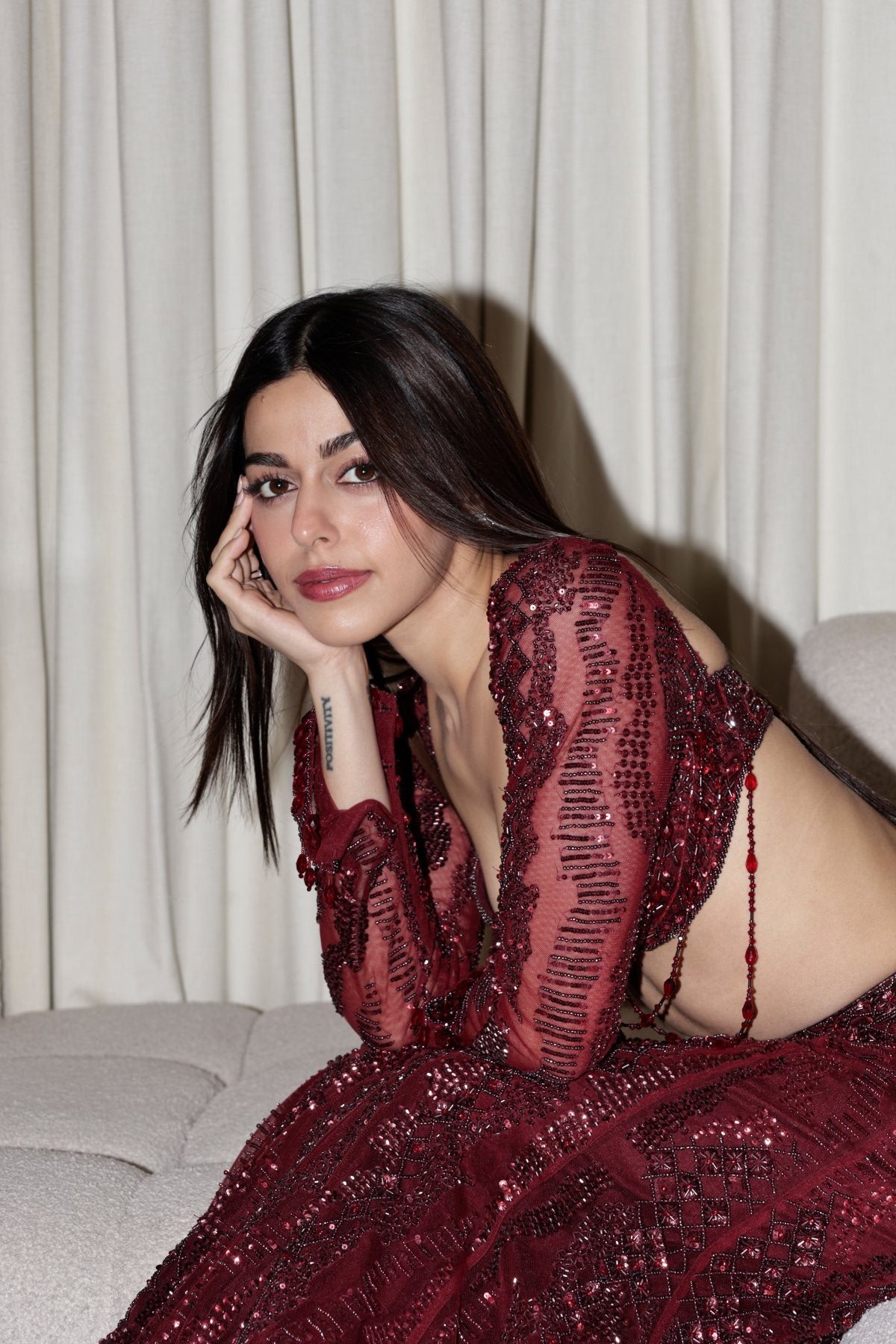 Alaya F in Maroon Embellished Mermaid Lehenag Set