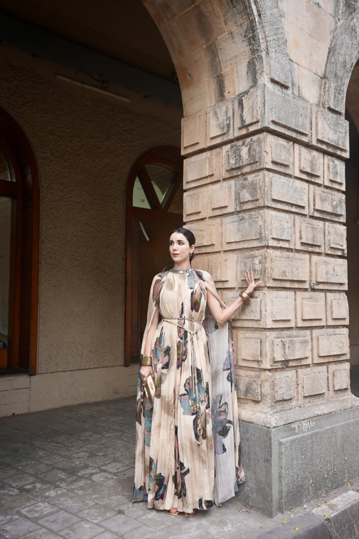JASLEEN KAUR IN BEIGE FLORAL ROUCHED MAXI DRESS