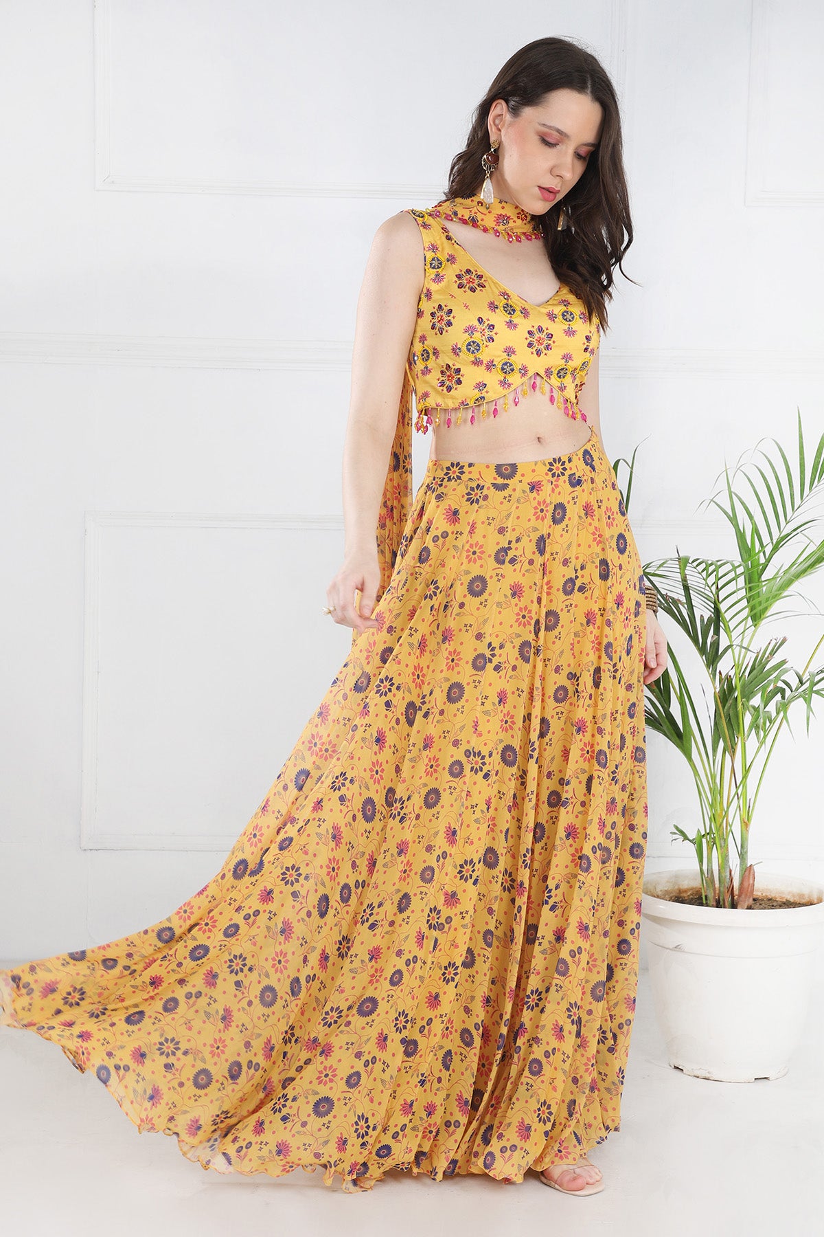 YELLOW CROP TOP SKIRT SET