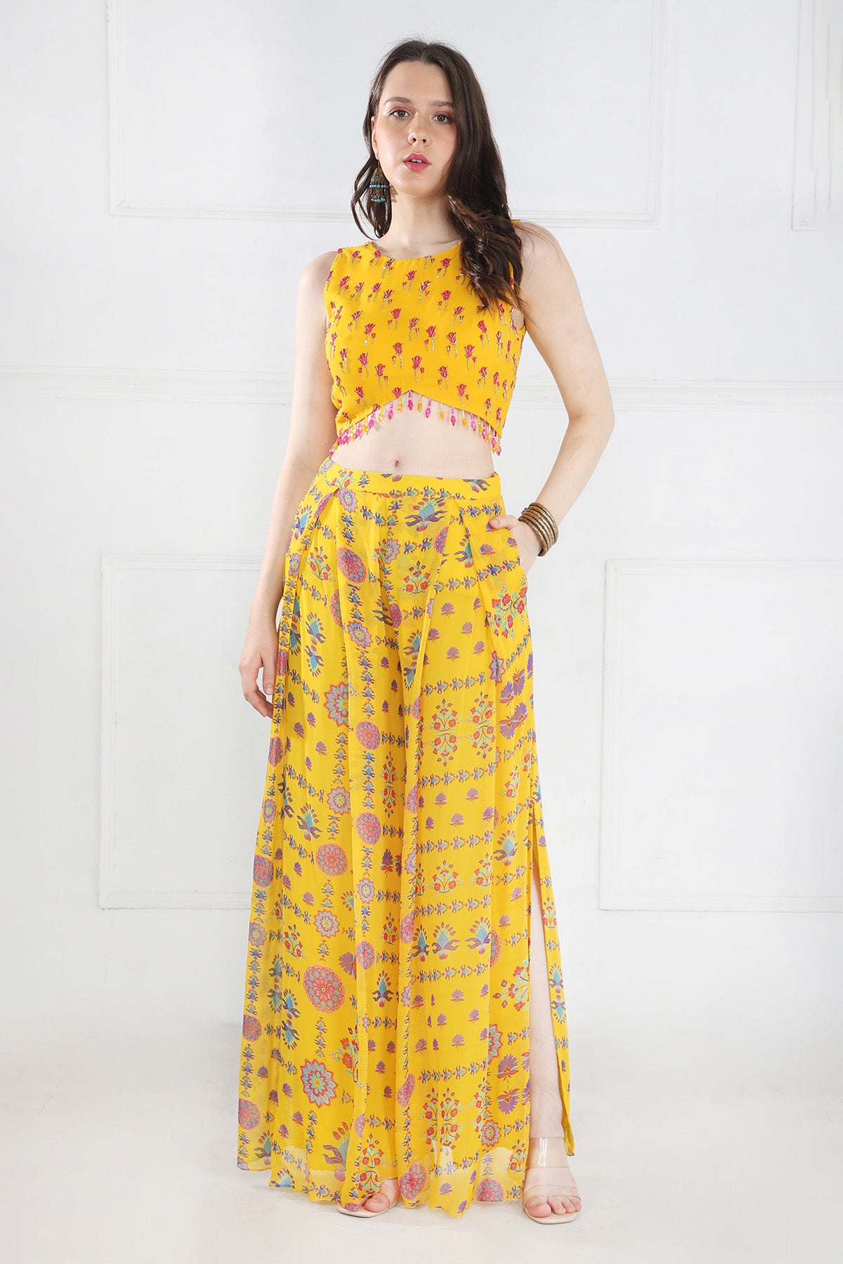 YELLOW CROP TOP PANTS SET