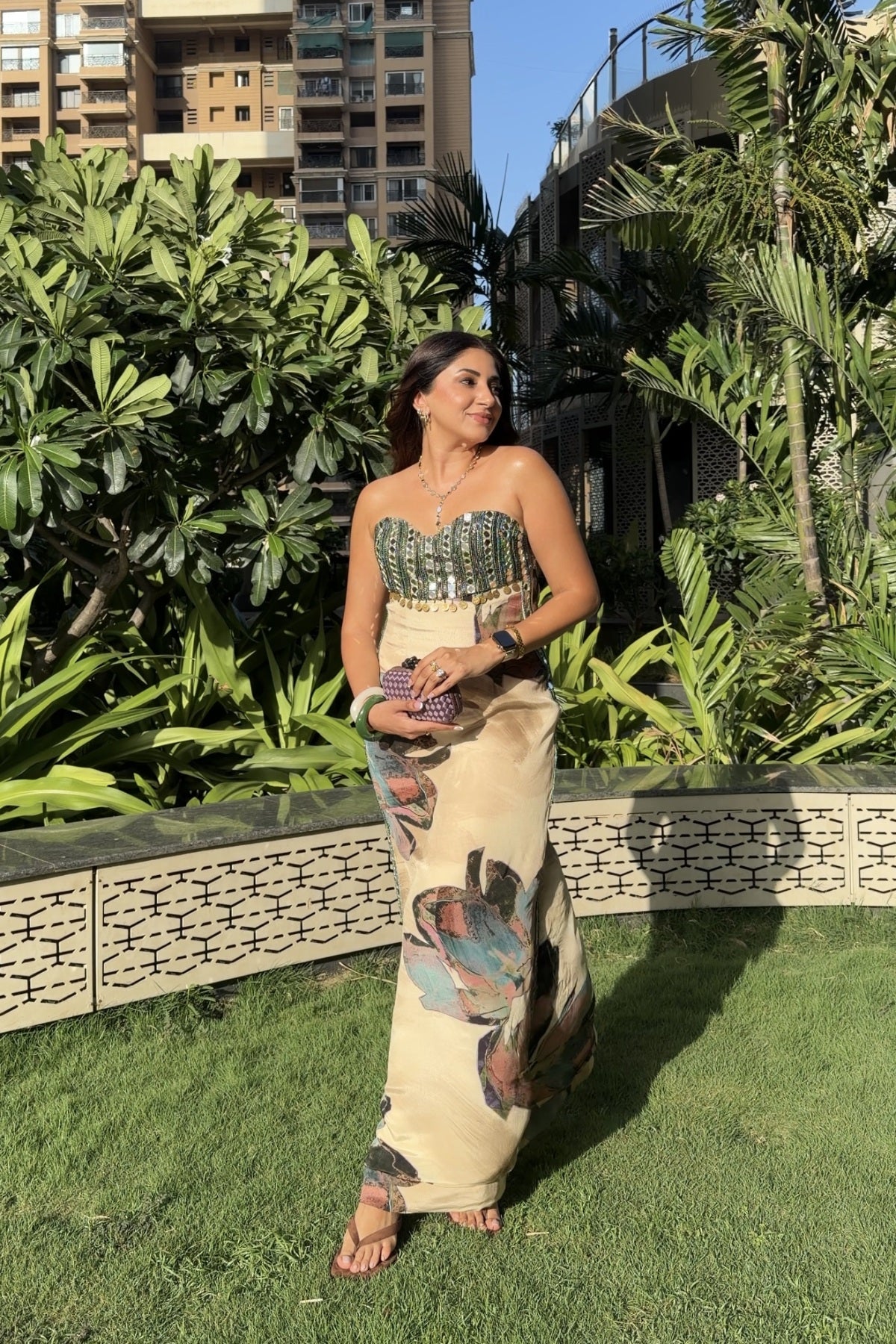 AASHNA SHROFF IN BEIGE FLORAL SLIT DRESS
