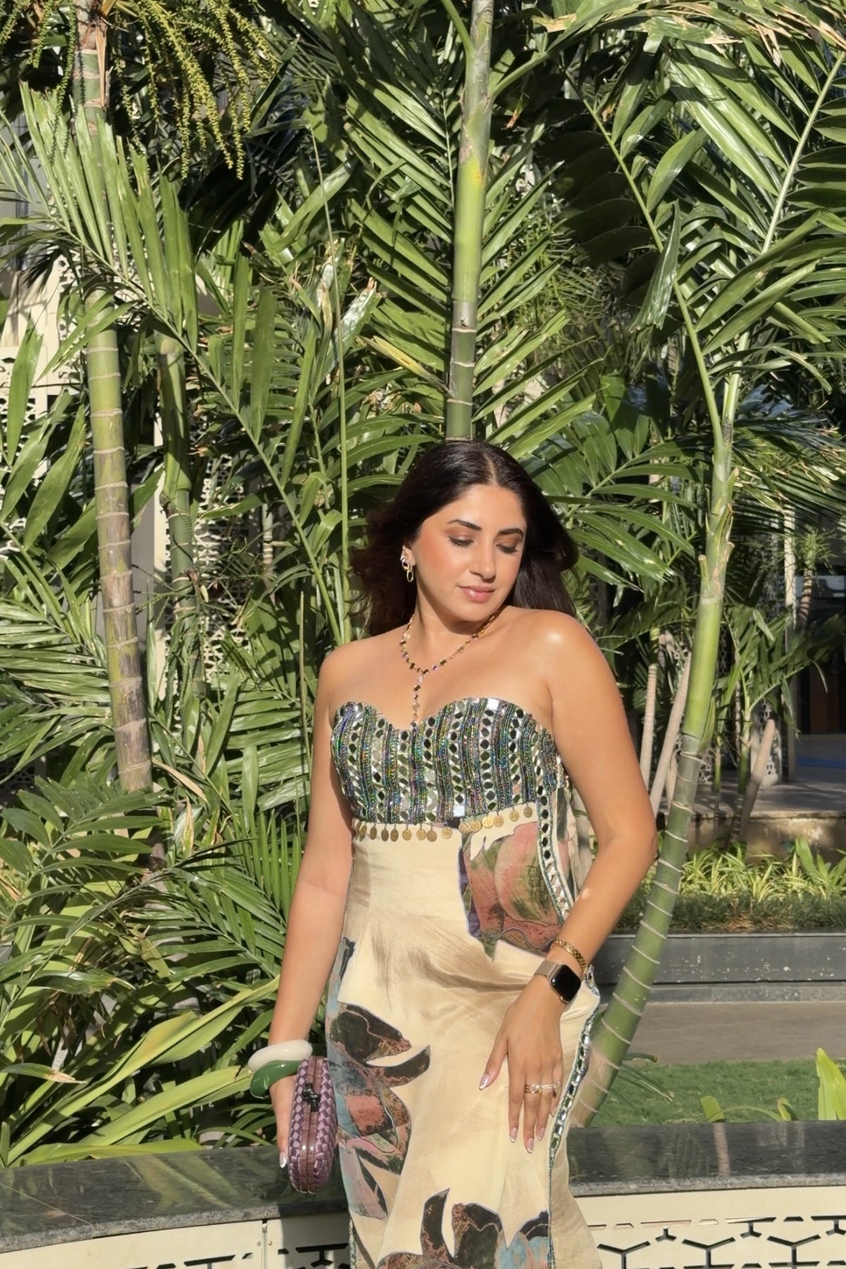 AASHNA SHROFF IN BEIGE FLORAL SLIT DRESS