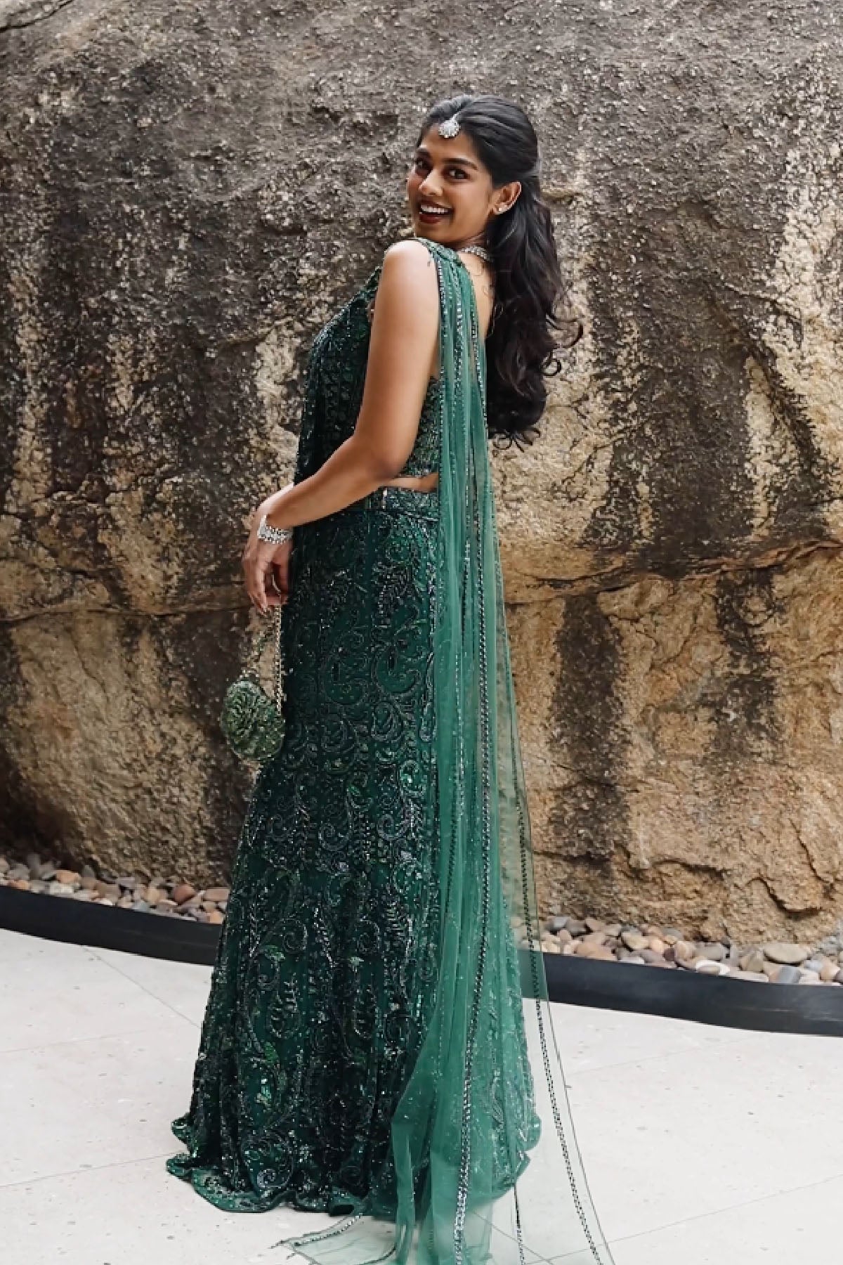 DIVYA BHOPANA IN BOTTLE GREEN EMBELLISHED CORSET SAREE SET