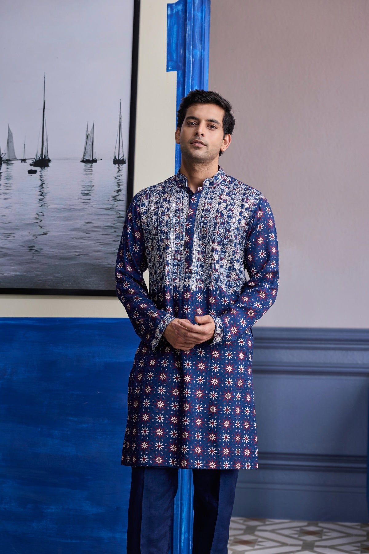 DARK BLUE PRINT HILIGHTED KURTA WITH SOLID PANTS