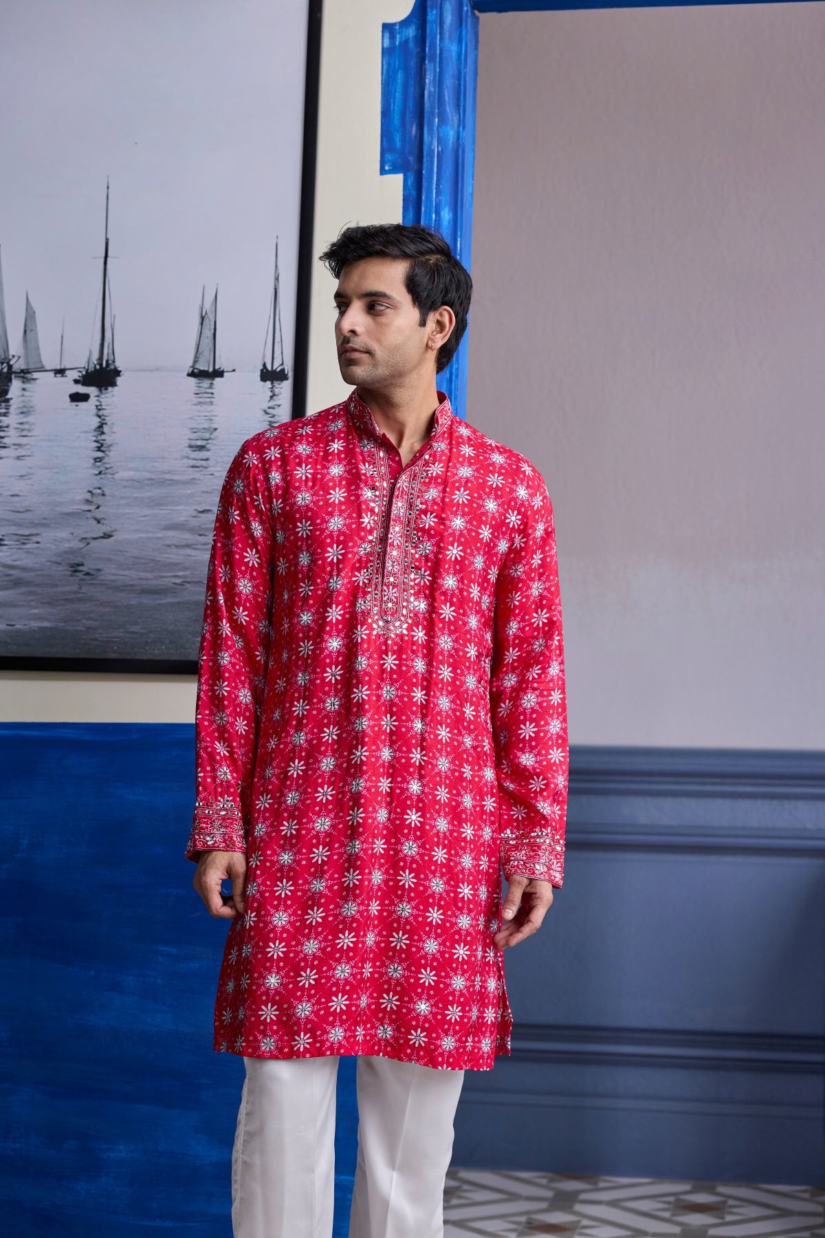 RED  BUTTA PRINT HIGHLIGHTED KURTA WITH  IVORY PANTS