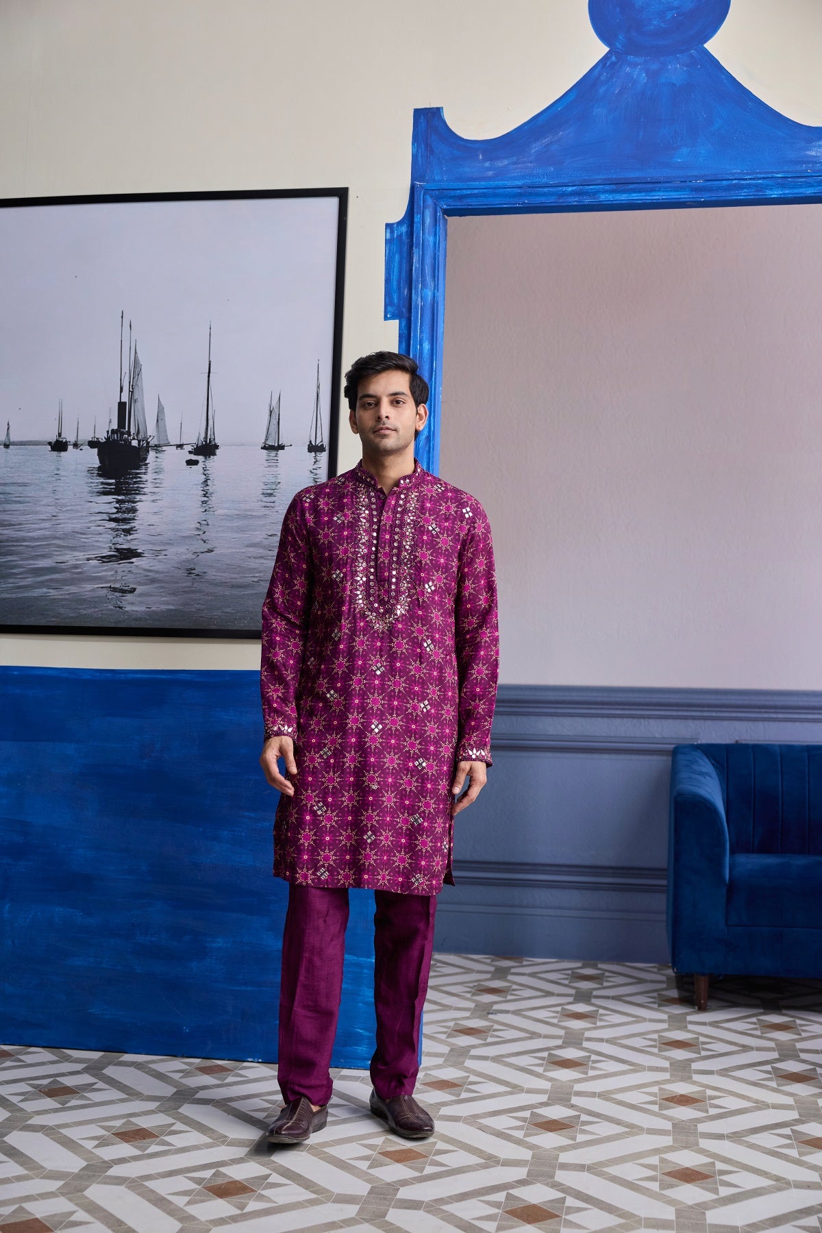 PLUM BUTTA PRINT HIGHLIGHTED KURTA WITH SOLID PANTS