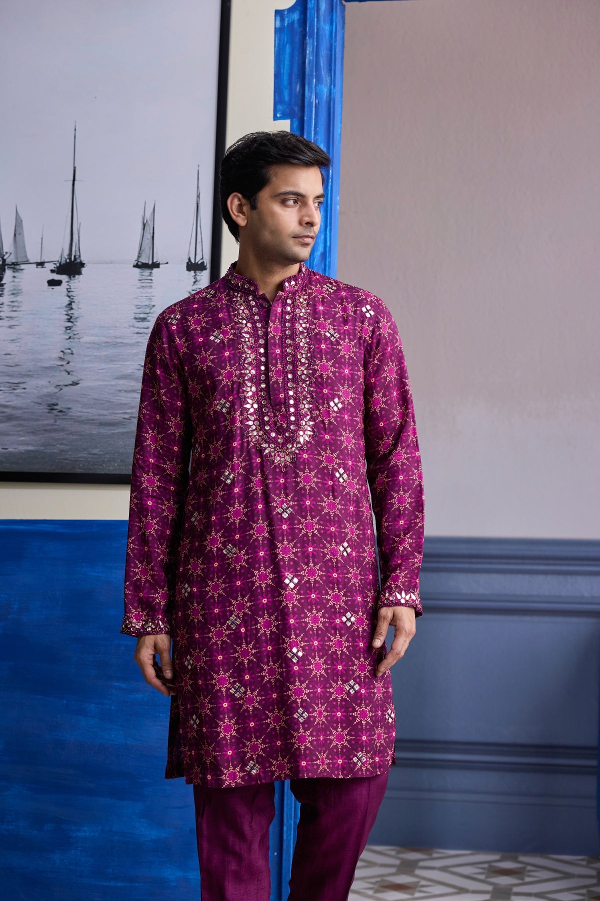 PLUM BUTTA PRINT HIGHLIGHTED KURTA WITH SOLID PANTS