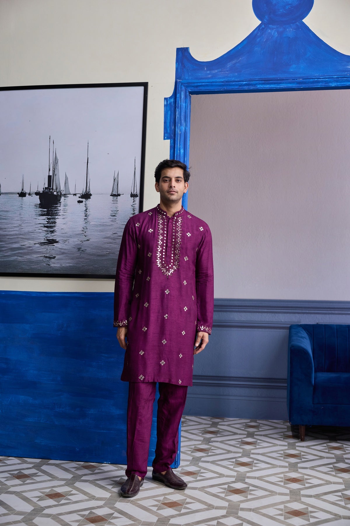 PLUM EMBROIDERED KURTA WITH SOLID PANTS