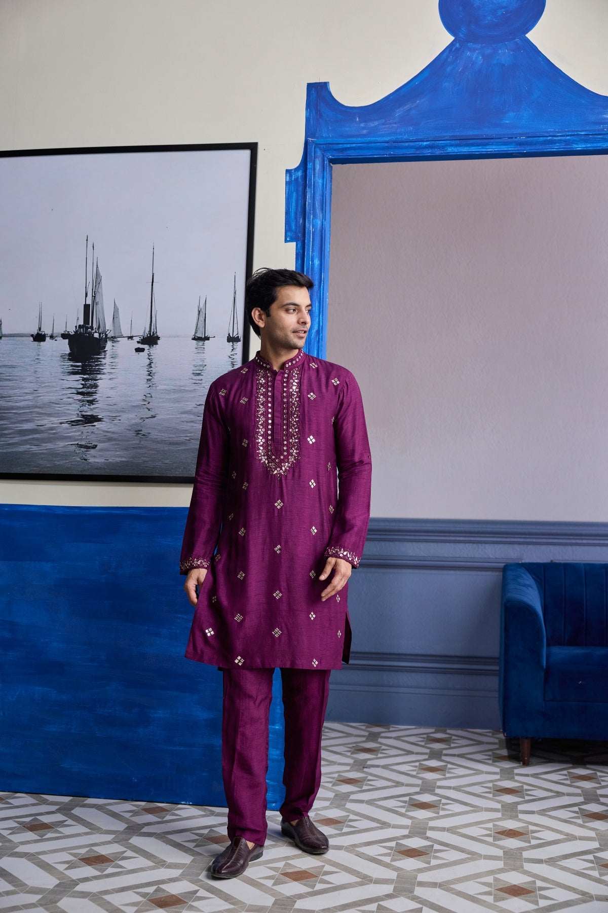 PLUM EMBROIDERED KURTA WITH SOLID PANTS