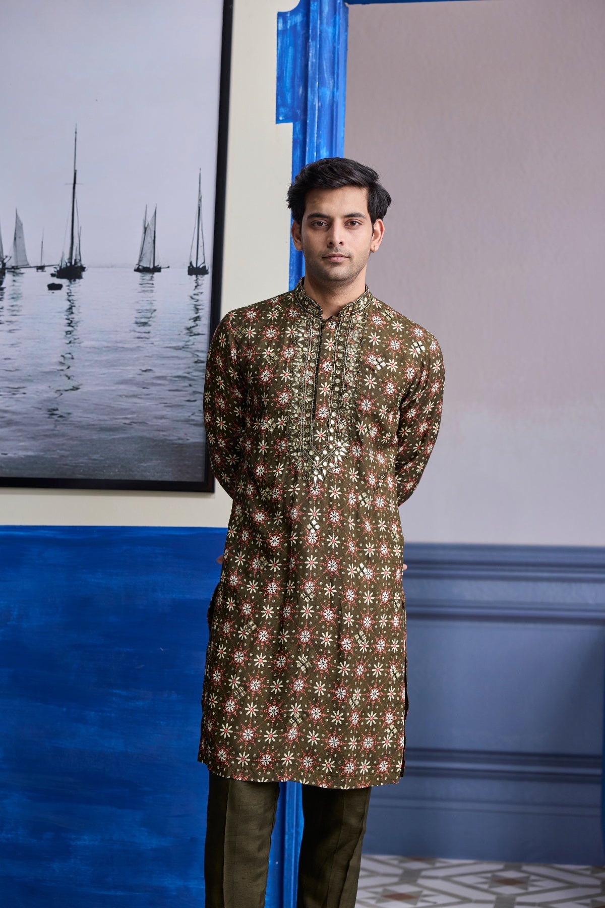 OLIVE BUTTA HIGHLIGHTED KURTA WITH OLIVE PRINT HIGHLIGHTED BUNDI JACKET PAIERD WITH SOLID PANTS