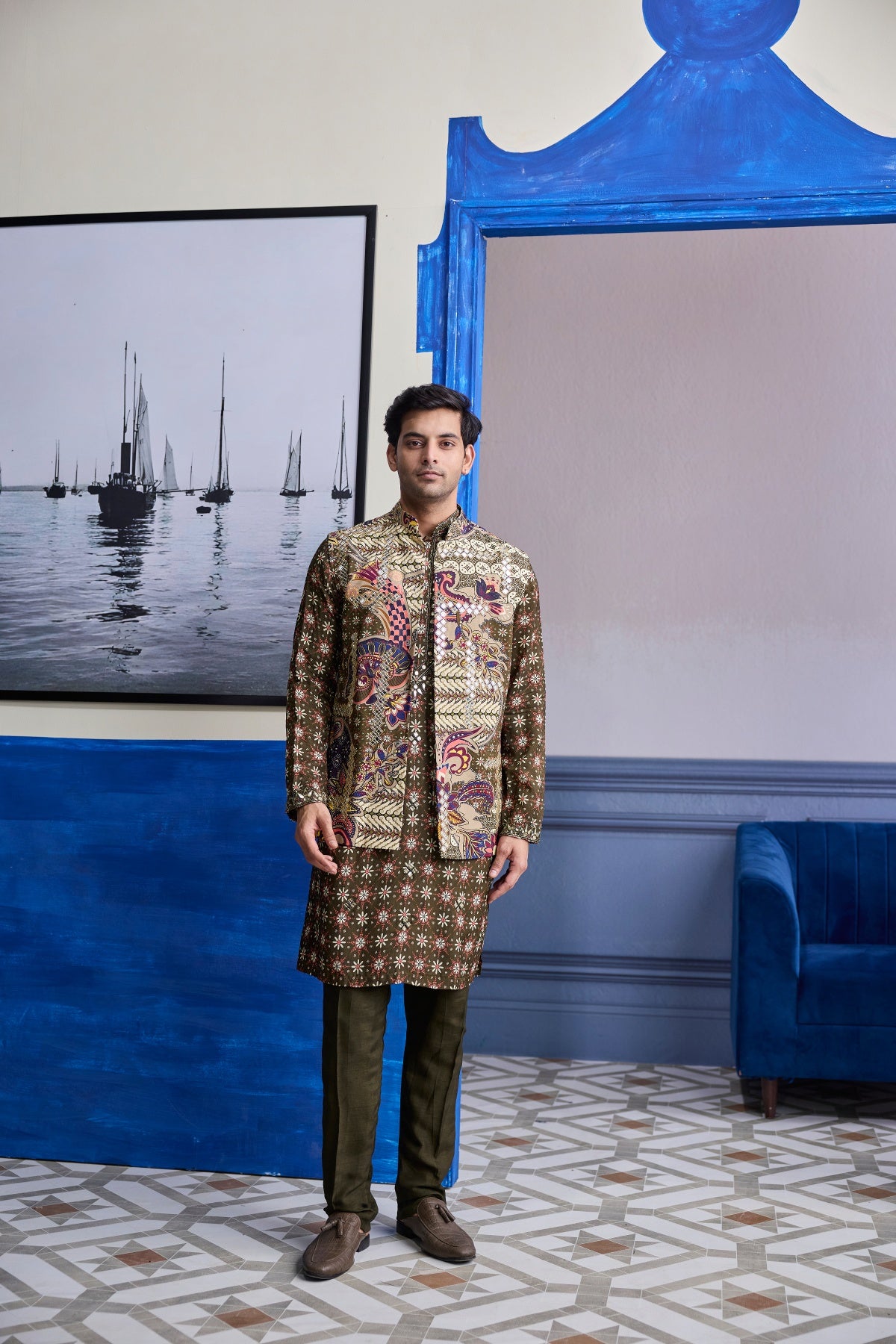 OLIVE BUTTA HIGHLIGHTED KURTA WITH OLIVE PRINT HIGHLIGHTED BUNDI JACKET PAIERD WITH SOLID PANTS
