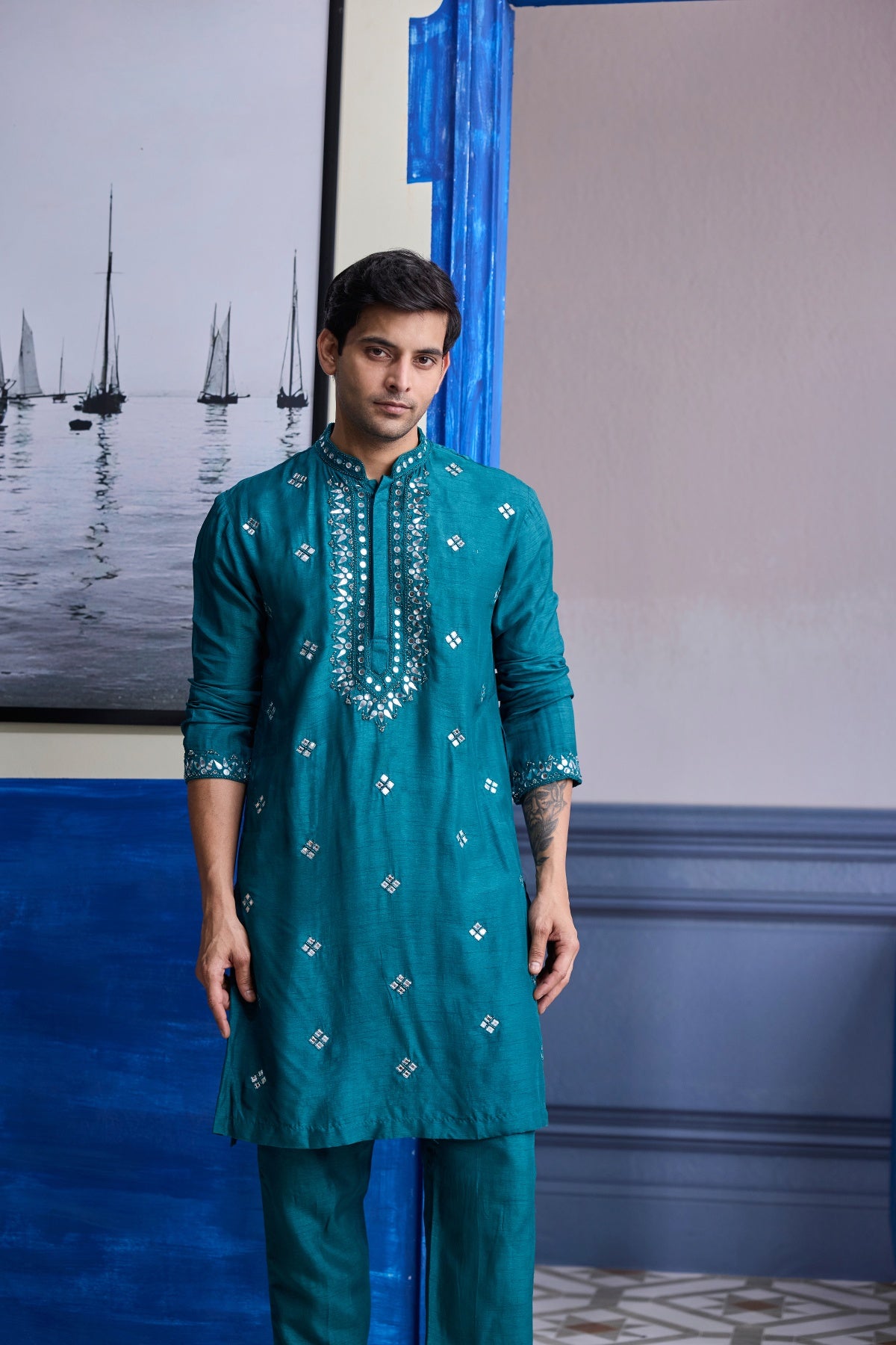TEAL GREEN EMBROIDERED KURTA  WITH SOLID PANTS