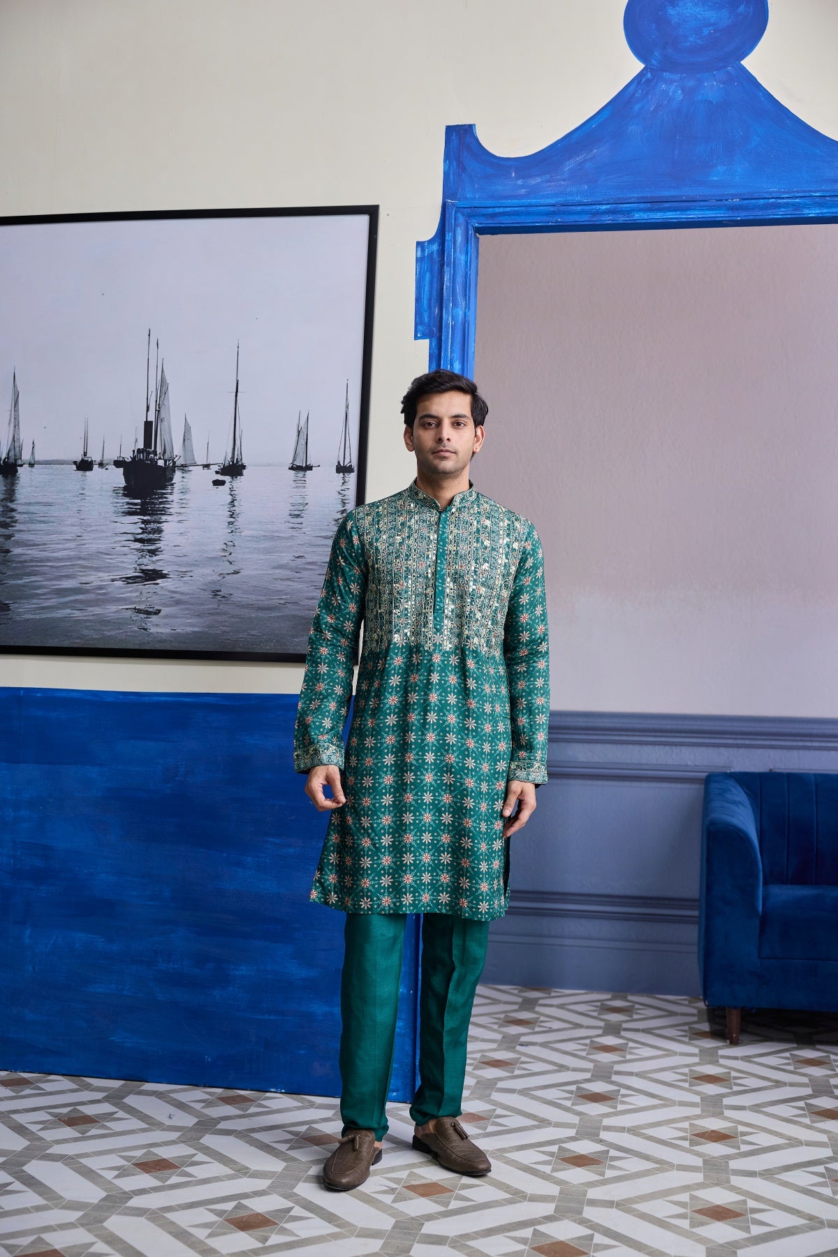 TEAL GREEN  BUTTA HIGHLIGHTED  KURTA WITH SOLID PANTS