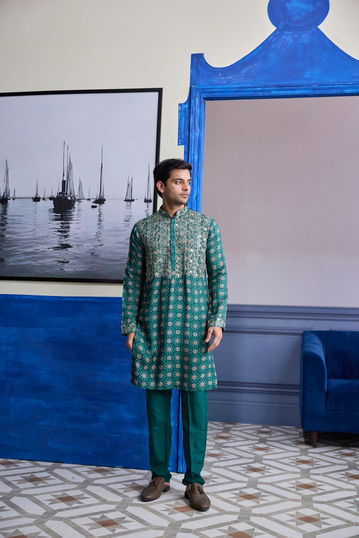 TEAL GREEN  BUTTA HIGHLIGHTED  KURTA WITH SOLID PANTS