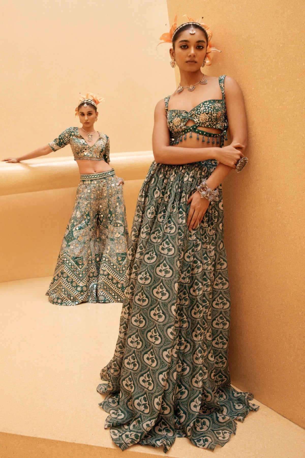 Teal Print and Highlighted  Lehenga Set