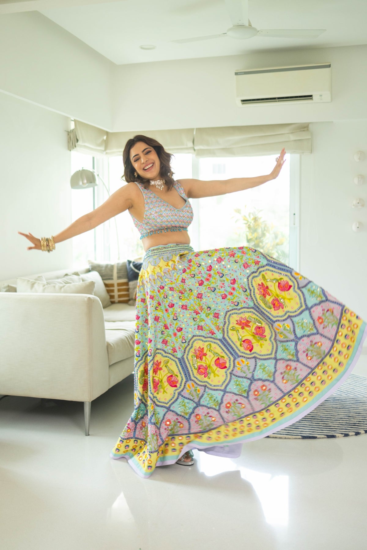 NISHA AGGARWAL IN TIFFANY BLUE PRINT & EMBROIDERED LEHENGA SET