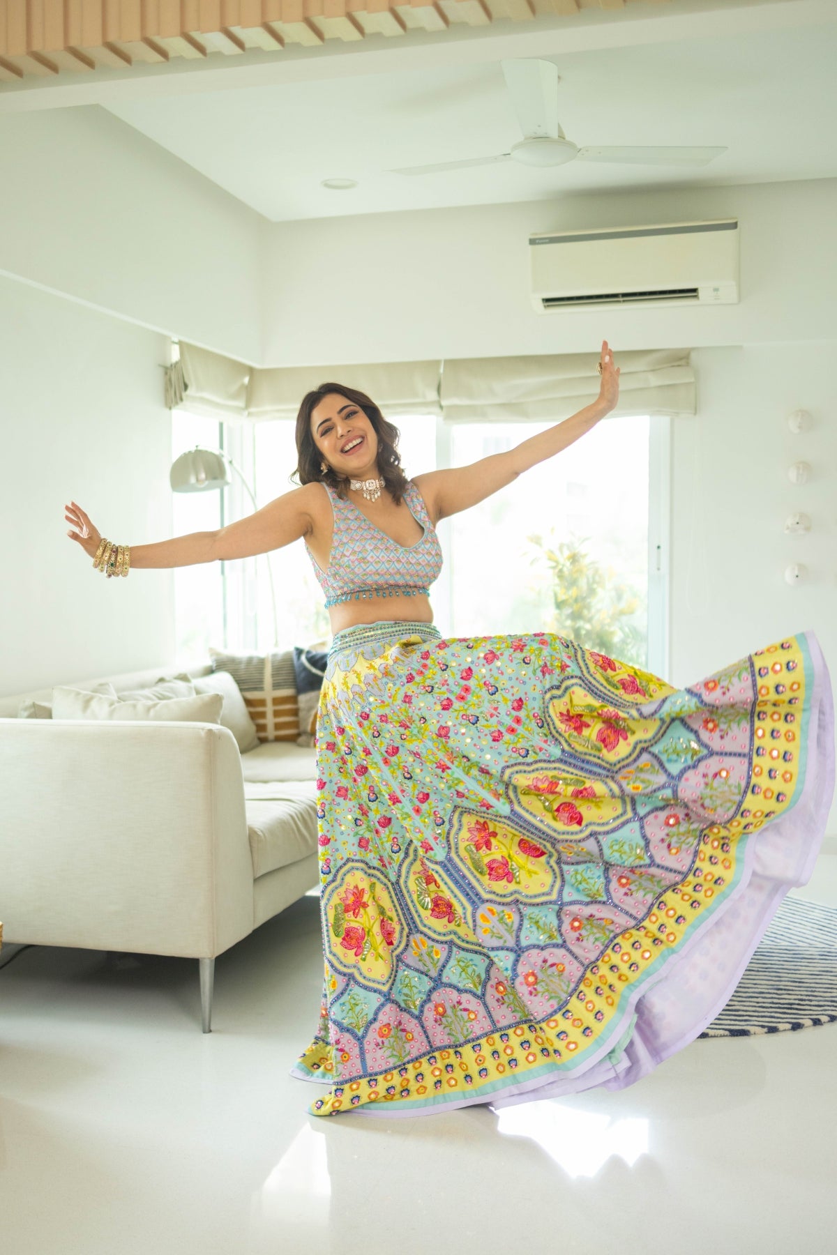 NISHA AGGARWAL IN TIFFANY BLUE PRINT & EMBROIDERED LEHENGA SET